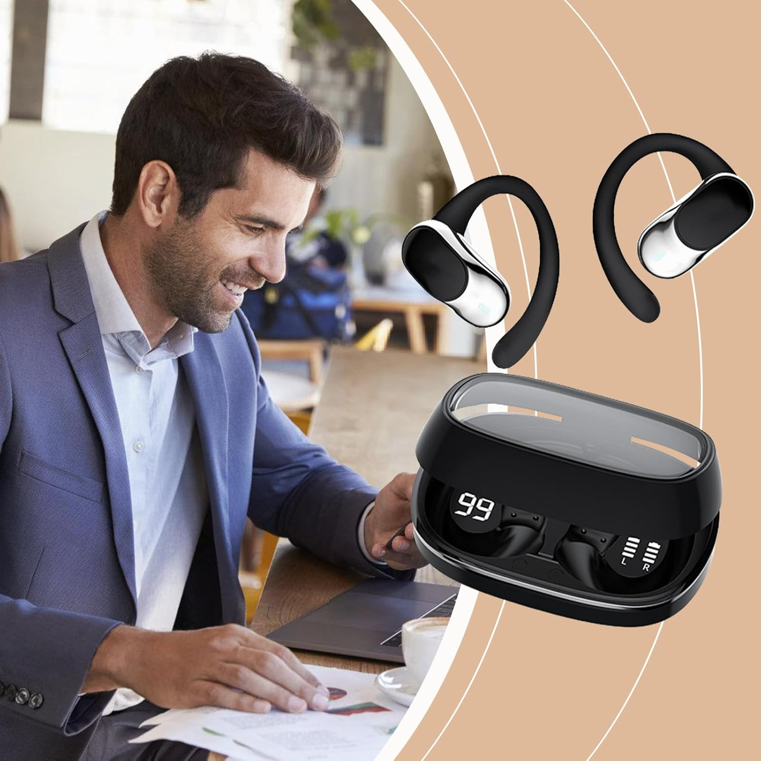 Over Ear Earbuds,Comfort Wireless Headphones | Headphones for Swimming Sports Running Game Work Kids Translation Live Streaming - Cream Colored image number 4