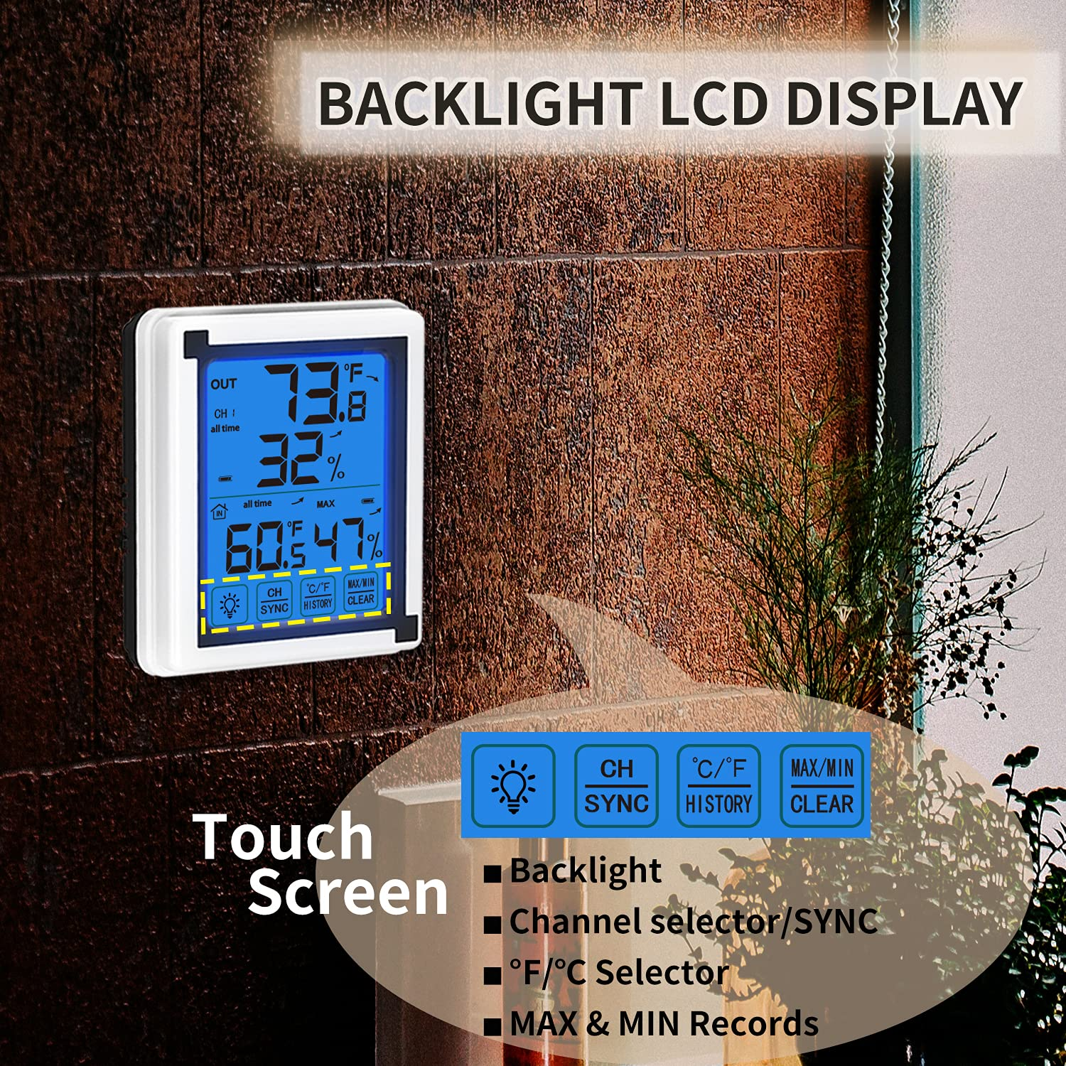 Indoor Digital Hygrometer with Touchscreen Backlight Temperature Humidity Gauge Meter for Home Office Greenhouse image number 4
