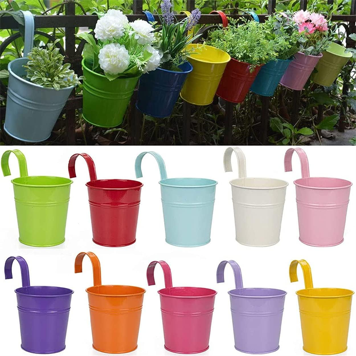 Colorful Iron Flower Pot Hanging Planters Balcony Garden Plant Planter Metal Bucket Flower Holders - Pack of 10 Colors (Big)