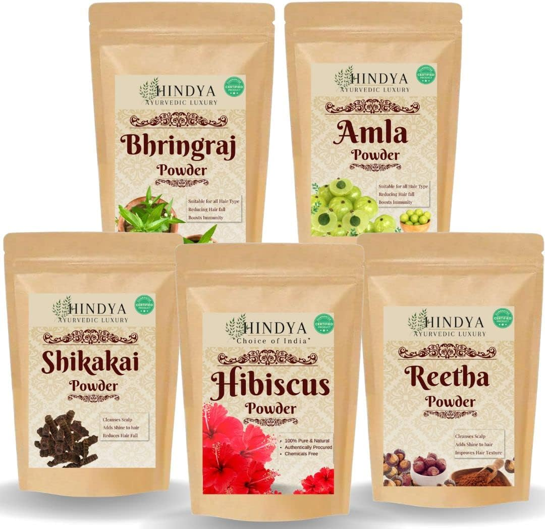 Hindya Ayurvedic Luxury Amla Reetha Shikakai, Bhringraj and Hibiscus Powder for Hair (Pack of 5, 50G Each, Total 250G Pack) image number 4