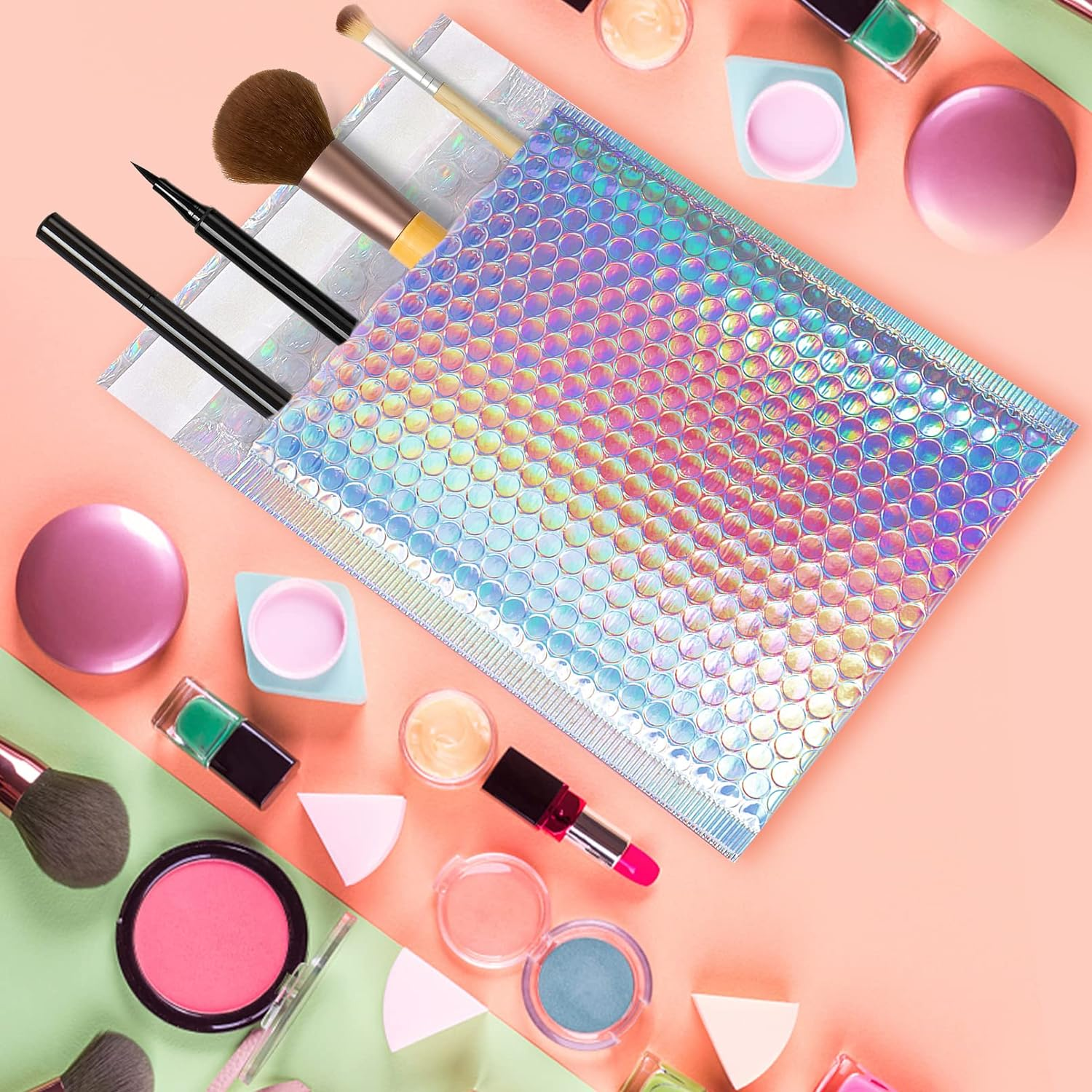 50 Pcs Metallic Bubble Mailers,Poly Padded Envelopes,Waterproof Self Seal Adhesive Shipping Bags,Foil Glitter Glamour Shipping Mailer,Holographic Cushion Envelopes for Mailing,Packing,Small Business - Rainbow Color image number 6