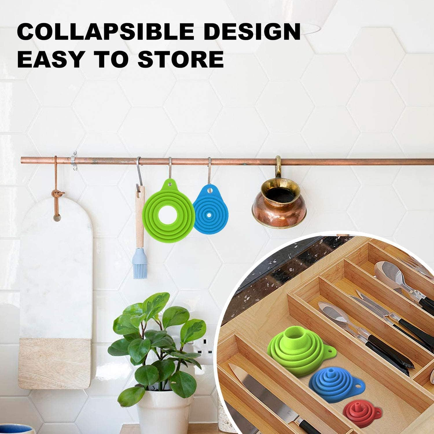 Funnels for Filling Bottles - Kitchen Funnel, Funnels for Kitchen Use, Food Grade Silicone Collapsible Funnel, Liquid, Powder Transfer (3 Pack) image number 1