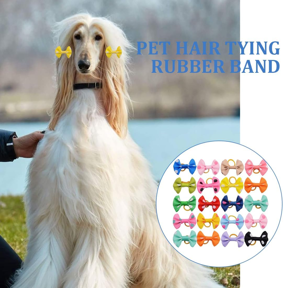 Dog Hair Accessories, Pack of 20 Dog Hair Bows, Dog Hair Accessories, Dog Hair Bows with Elastic Band, Pet Dog Hair Bows for Long Hair Pet, Multicoloured, Random Style