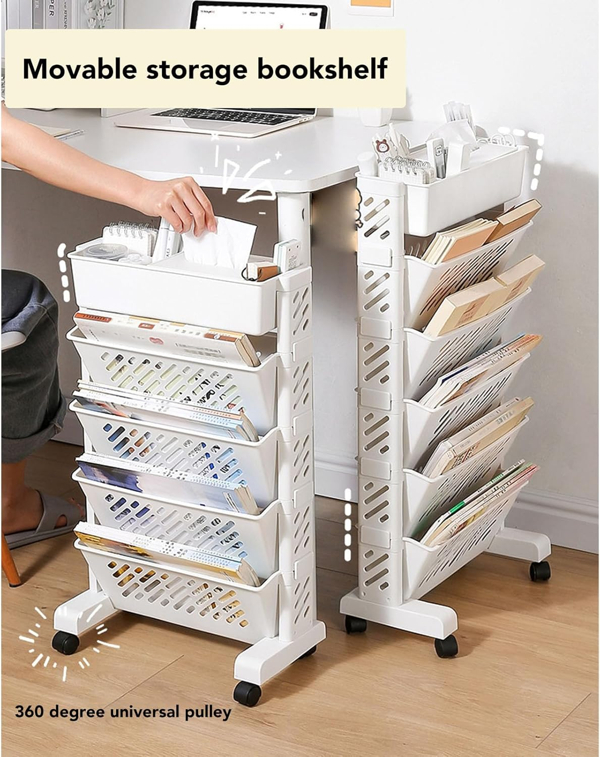 Rolling Plastic Organizer Shelf for Study with Removable and Rotating Bookcase with Multi-Level Capacity for Books, Magazines and Homework (5 Layer) image number 5