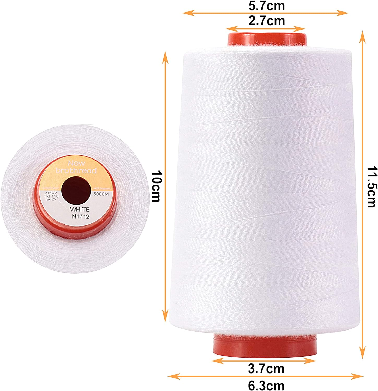 New Brothread Set of 4 Large Cones of 5500Y (5000M) Each All Purpose Spun Polyester Thread 40S/2 (Tex27) for Serger, Overlock, Quilting, Piecing and Sewing - White - 4Xblack image number 2
