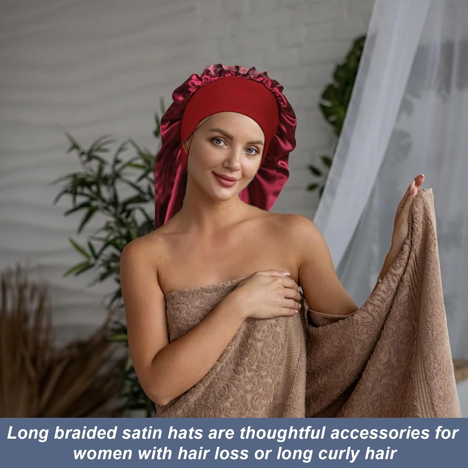 2Pcs Silk Hair Bonnet,Silk Bonnet for Sleeping,Satin Hair Bonnet,Silk Hair Wrap for Sleeping,Satin Bonnet, Extra Large Sleeping Hat for Women(Black，Red) image number 4