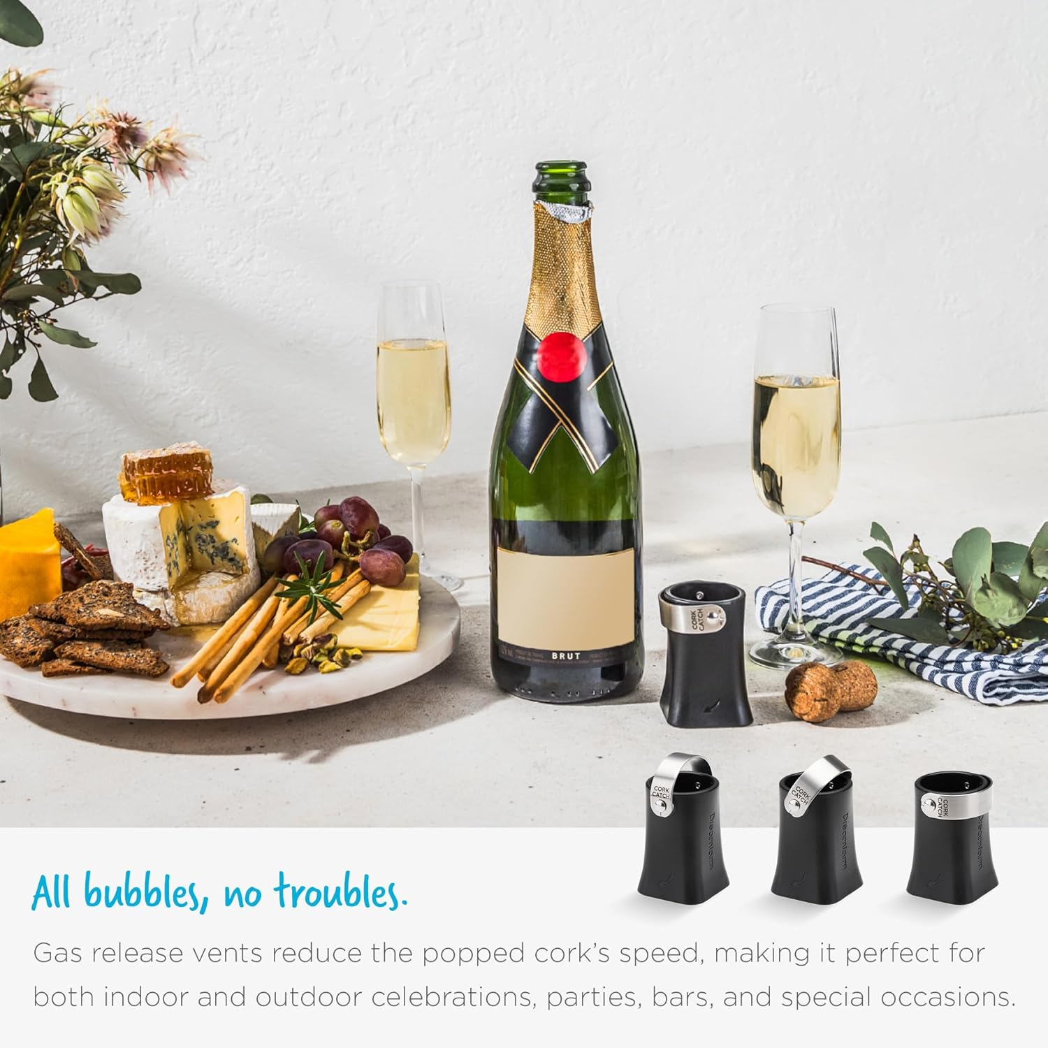 Dreamfarm Champop Safe, Fast, & Easy Champagne Bottle Opener, Cork Popper & Catcher - Black image number 1