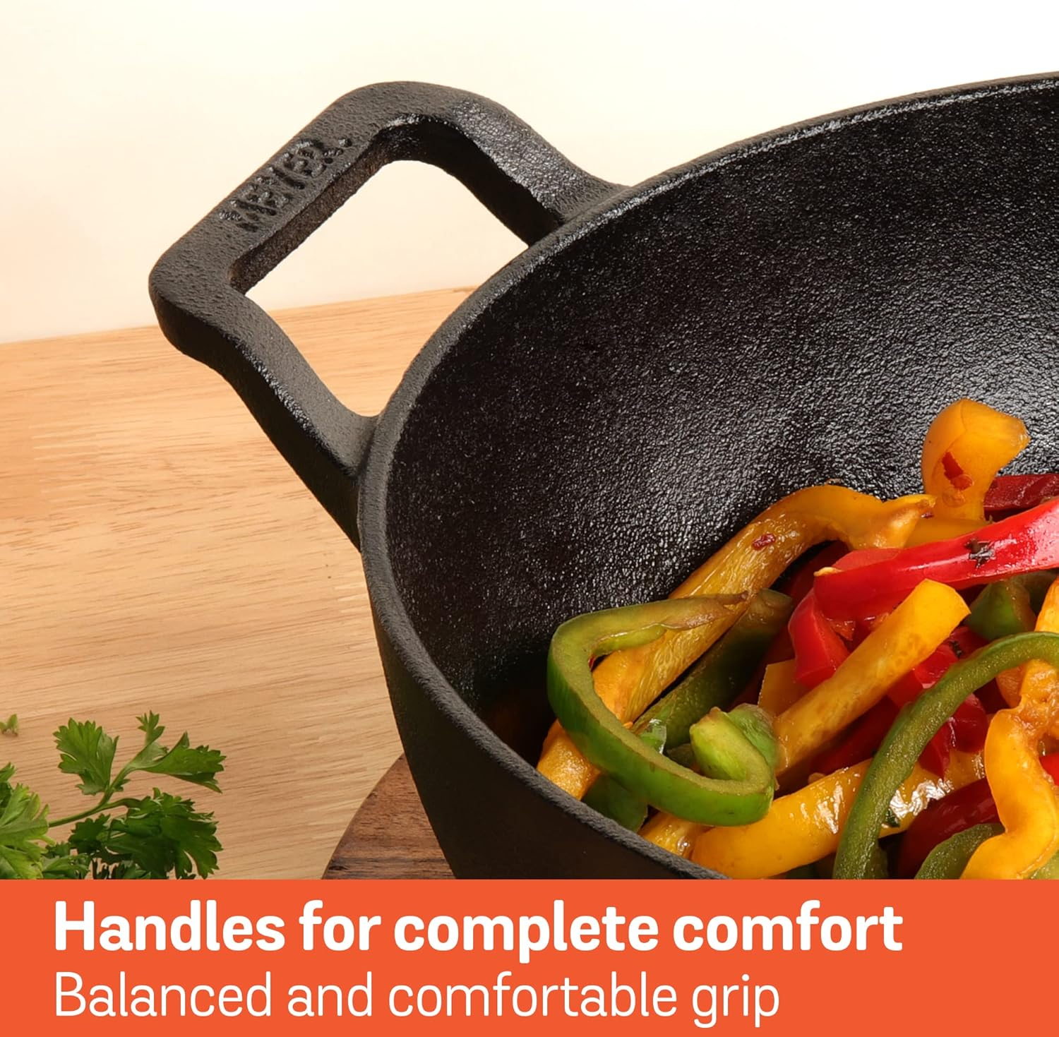 Meyer Pre-Seasoned Cast Iron Wok 24Cm with Tempered Glass Lid, Kadai, Induction Compatible Cast Iron Pan, Oven Safe, Black image number 4