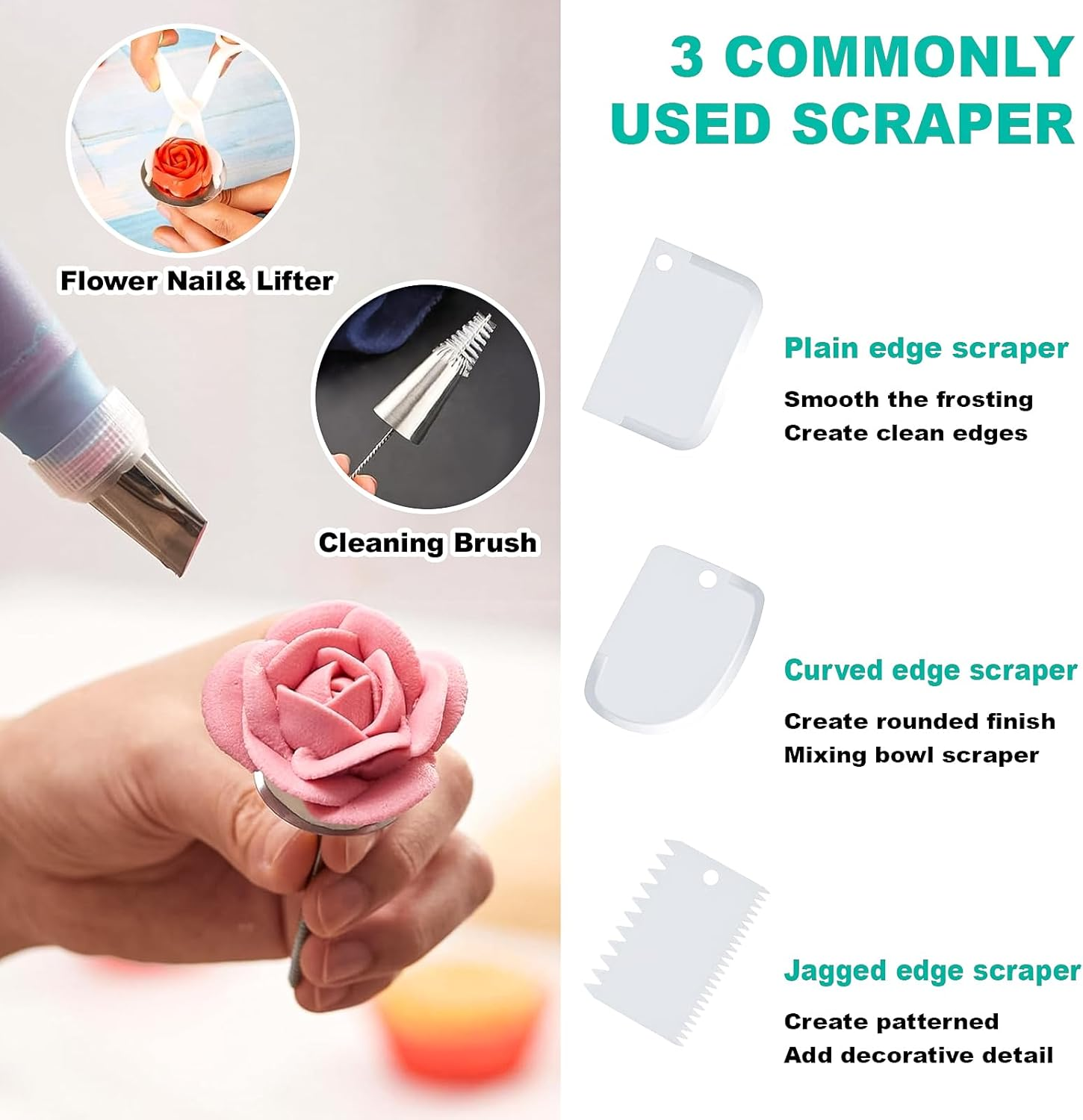 Cake Decorating Kit - 11-Inch Rotating Cake Turntable, 28 Piping Tips, 2 Icing Spatulas & 3 Scrapers, 20 Piping Bags and Other Cake Decorations, 62Piece Complete Set for Beginners image number 4