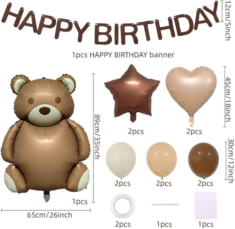 Birthday Party Decoration Set, Teddy Bear Balloon with Happy Birthday Banner, Brown and Gold Theme, 12 Pieces image number 1