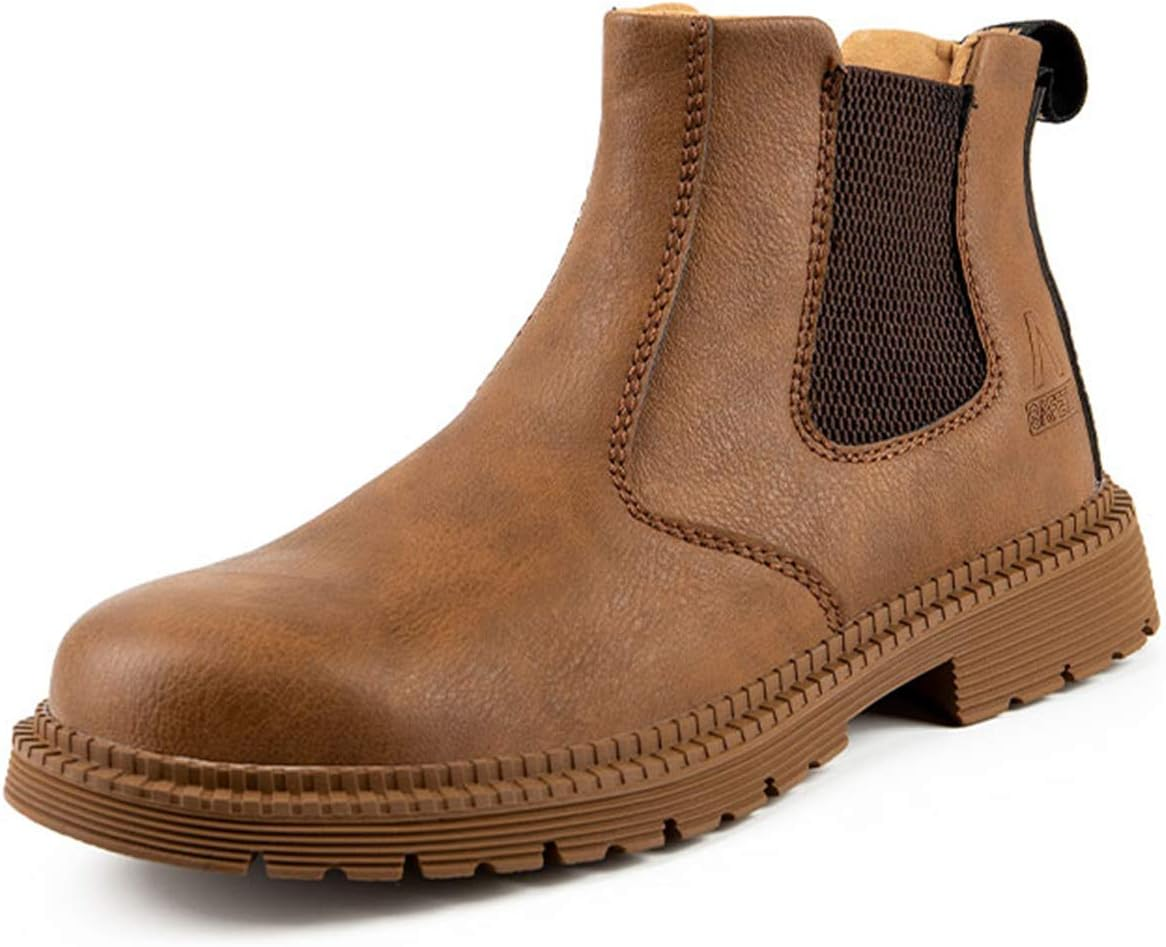 Letuwj Men'S Steel Toe Work Boots Slip on Breathable Quick Dry Safety Leather Indestructible Work Safety Shoes