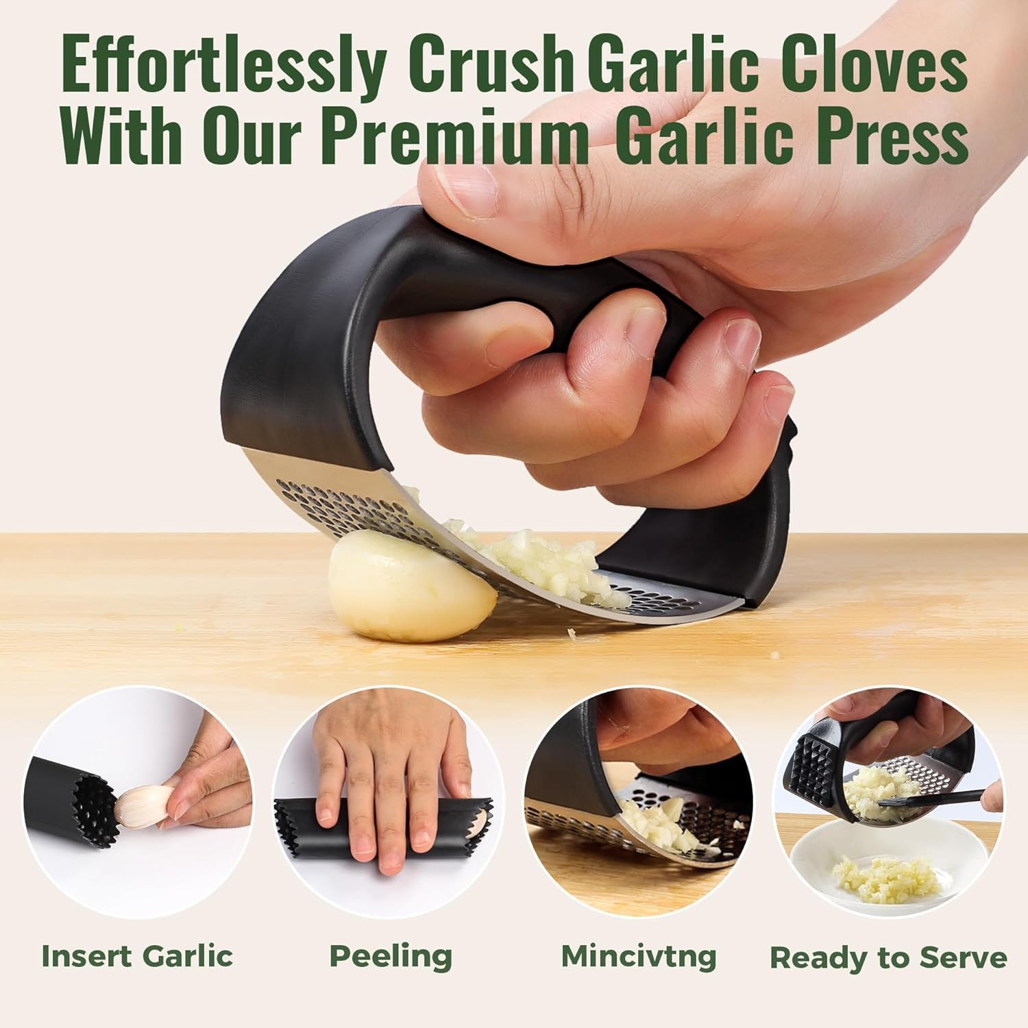 Garlic Press Rocker, Stainless Steel Garlic Masher and Garlic Crusher with Silicone Tube Set with Peeler and Cleaning Brush,Professional Kitchen Gadgets Garlic Chopper for Smashing Garlic image number 5