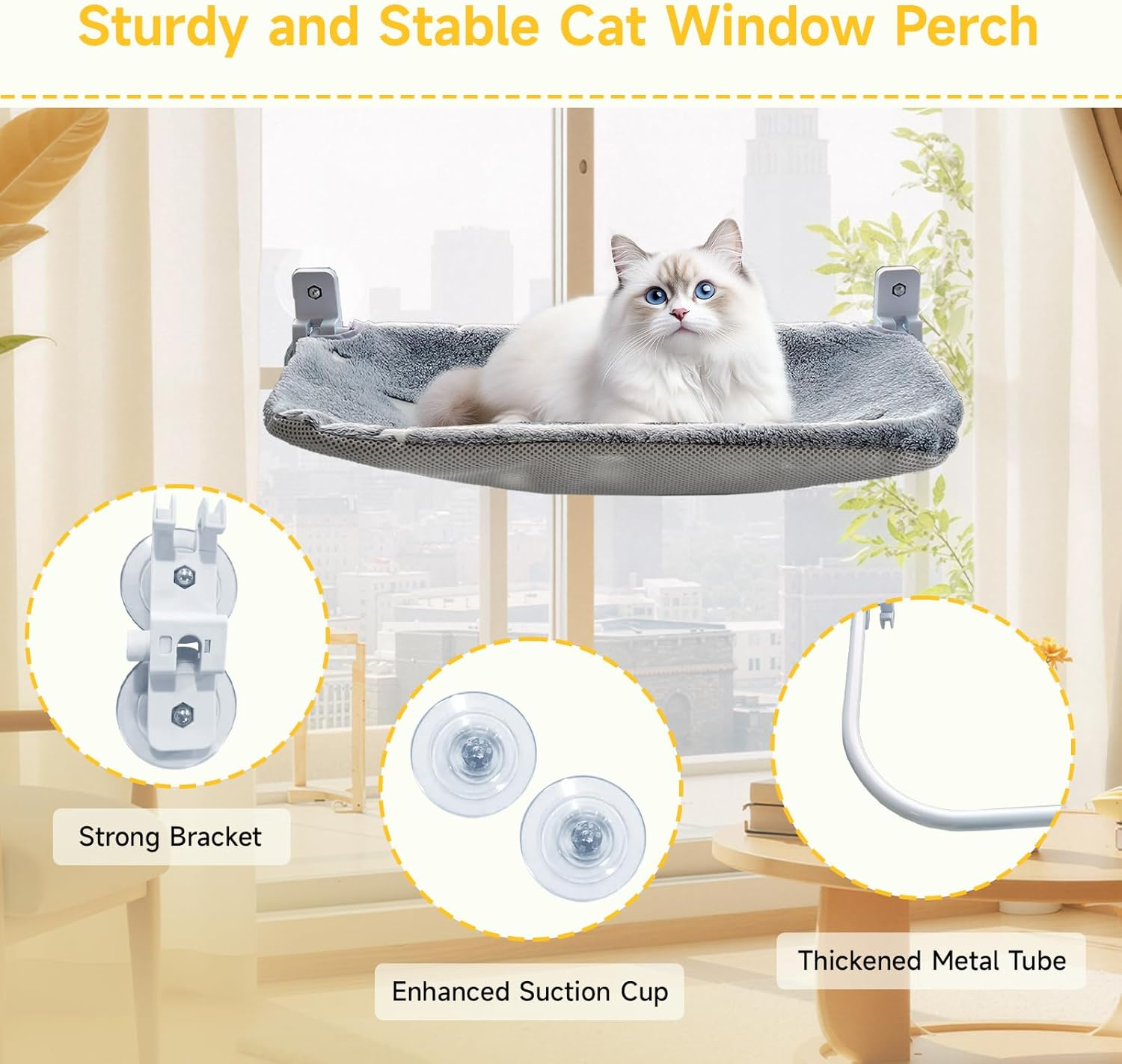 Homegroove 2 Pack Cat Window Perch, 24 X 12 Inch Foldable Cat Hammock for Window with Sturdy Metal Frame, Cordless Window Bed for Resting Seat for Indoor Cats (Grey-With Star Pattern, 60 X 30 CM) image number 3