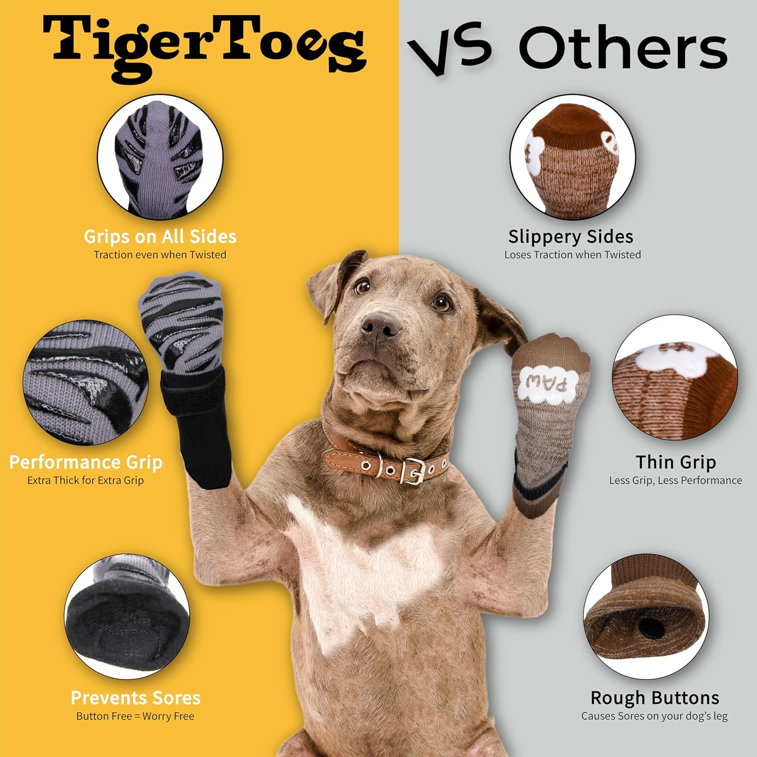 DOK Tigertoes Premium Non-Slip Dog Socks for Hardwood Floors - Extra-Thick Grip That Works Even When Twisted Prevents Licking, Slipping, and Great Paw Protection Size Large, Grey (Dok-Tt-Gry) image number 1