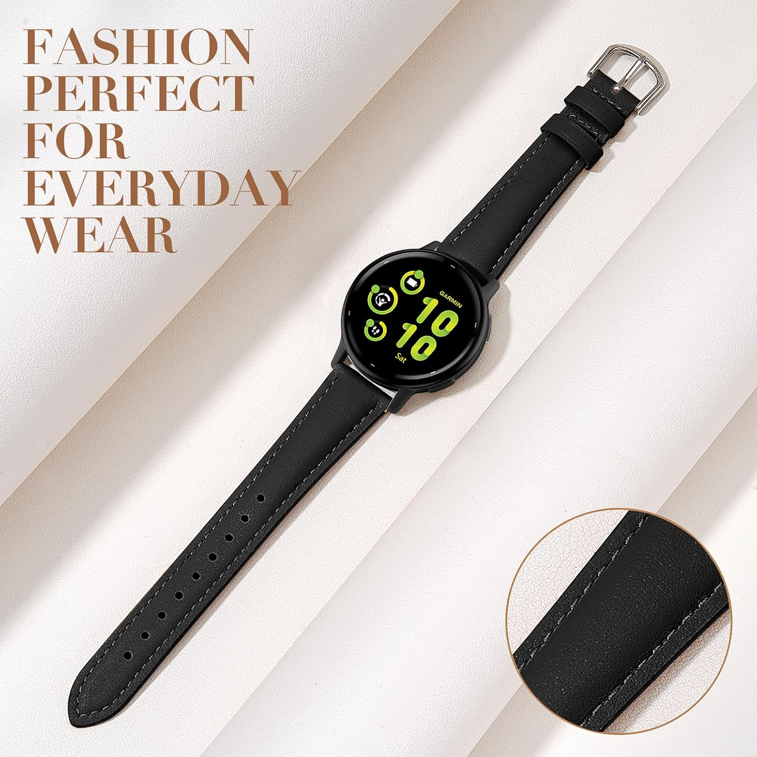 Slim Leather Band Compatible with Garmin Vivoactive 6/Vivoactive 5/3/3 Music, 20Mm Genuine Leather Thin Soft Narrow Replacement Strap for Venu Sq 2/Venu 2 Plus/Forerunner 165/55/245/645 Music - Brown image number 6