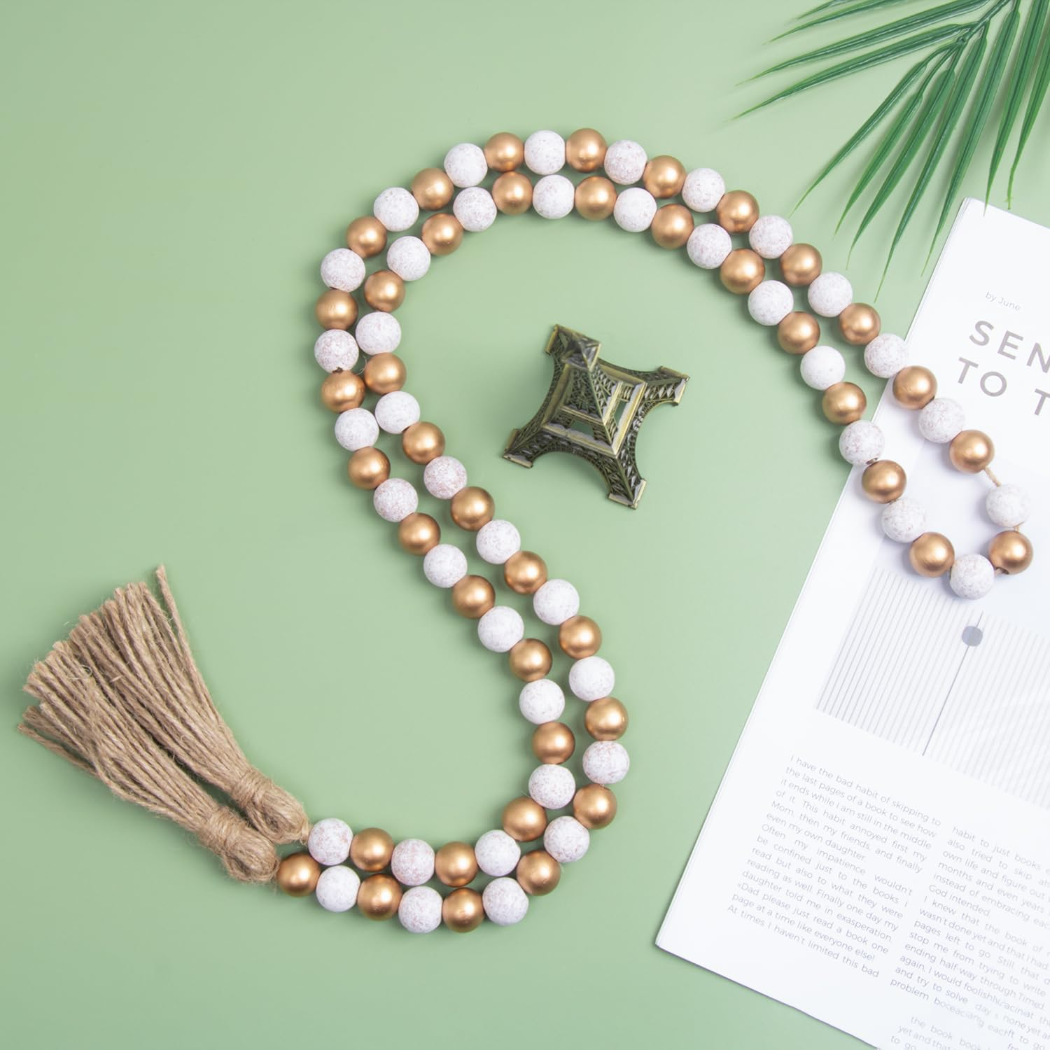 Wood Bead Garland with Tassels Home Decor Beads Prayer Beads Farmhouse Beads Wall Hanging Decor (143,Gold&Wash White) image number 6
