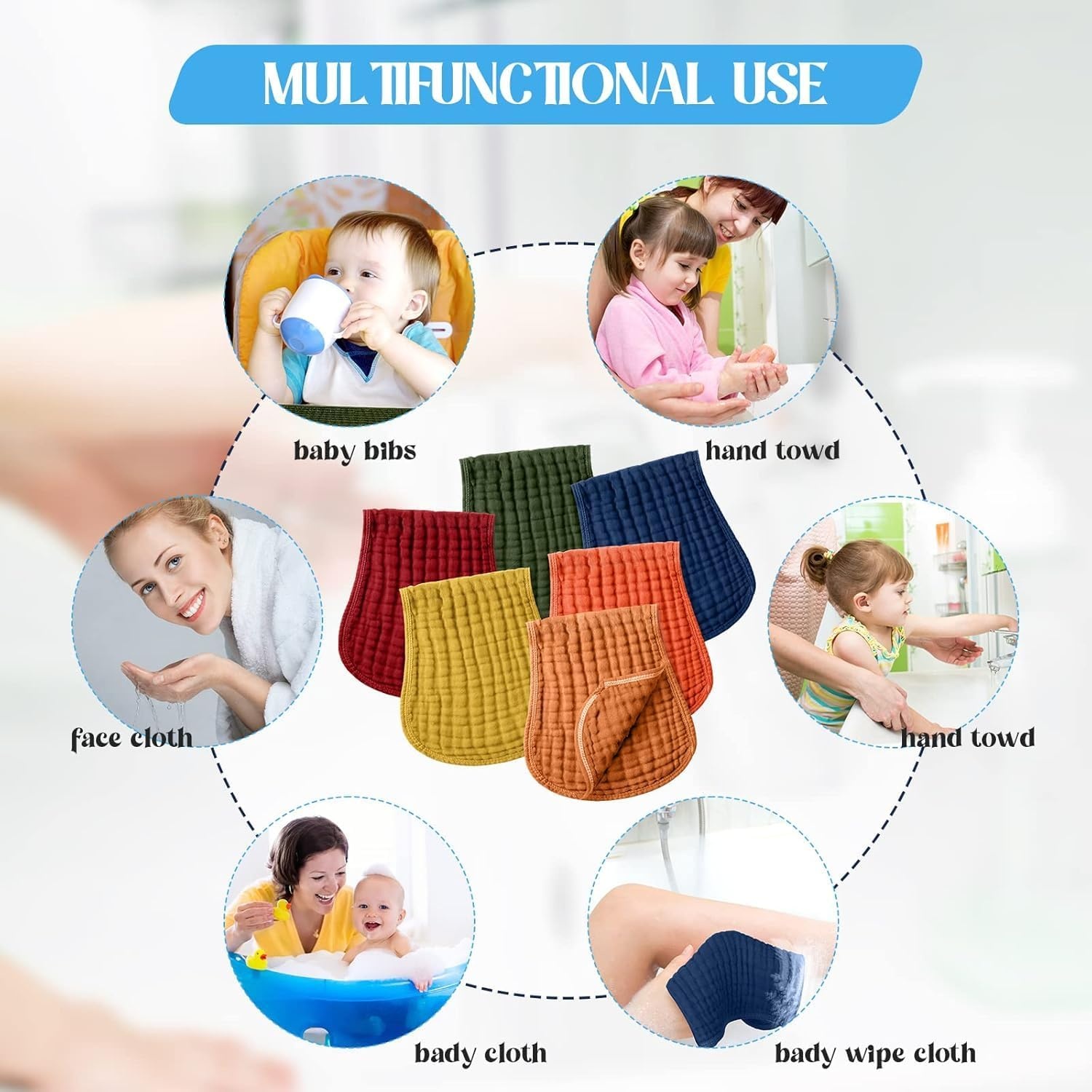 6 Pieces Muslin Burp Cloths Cloth Multi Colors Washcloths Diapers Absorbent Layers Face Towels Unisex, 9 X 20 Inch (Retro Colors) image number 2