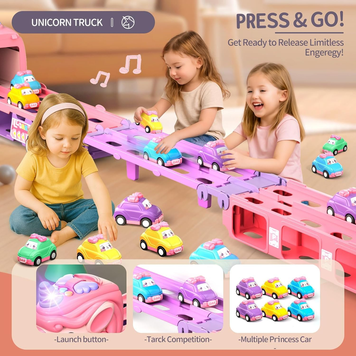 Unicorn Car Toys for 2 3 4 5 6 7 Year Old Toddler Girl, Unicorn Toys Truck & Foldable Race Track W/Light & Sound, Friction Power Toy Cars W/ 9 Princess Cars, Birthday Presents Kids Girls Age 4-6 image number 5