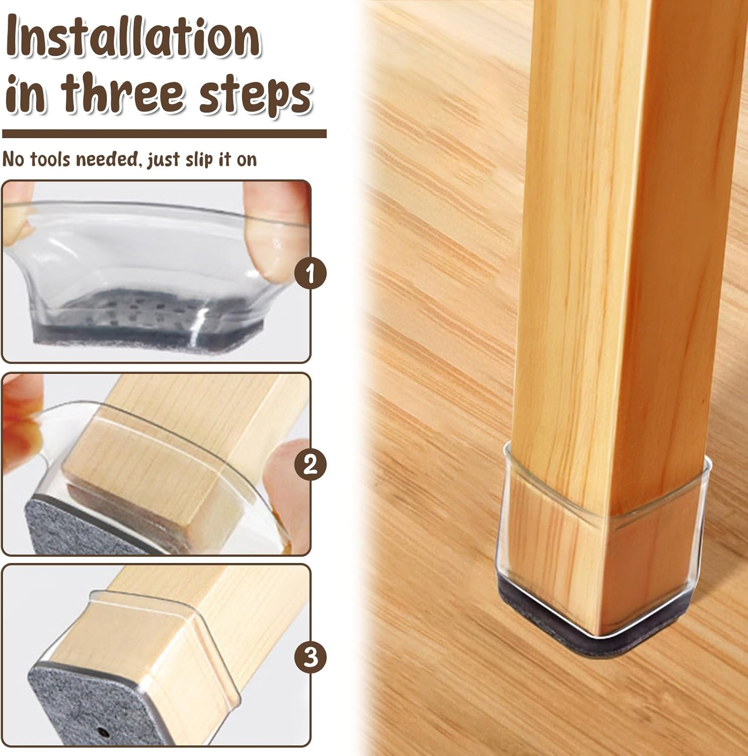 32 Pcs Chair Leg Floor Protectors, Square Silicone Felt Furniture Pads, Wear Resistant Furniture Leg Pads Caps Covers, Chair Leg Protectors Protect Wooden Floors from Scratching (Clear, M)