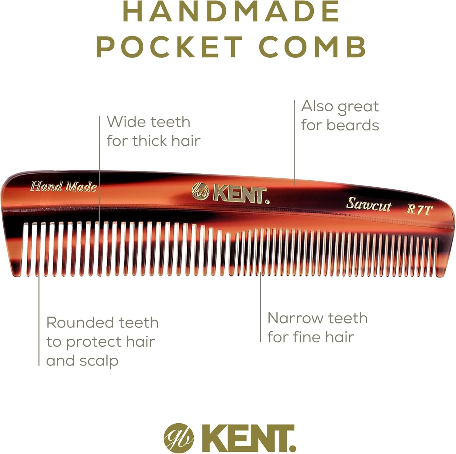 Kent R7T the Apsley Fine Tooth / Wide Tooth Comb for Beard Care and Mustache Comb - Pocket Comb Hair and Beard Comb - Kent Comb for Travel Kit - Hair Combs for Men and Hair Combs for Women Beard Kit image number 6