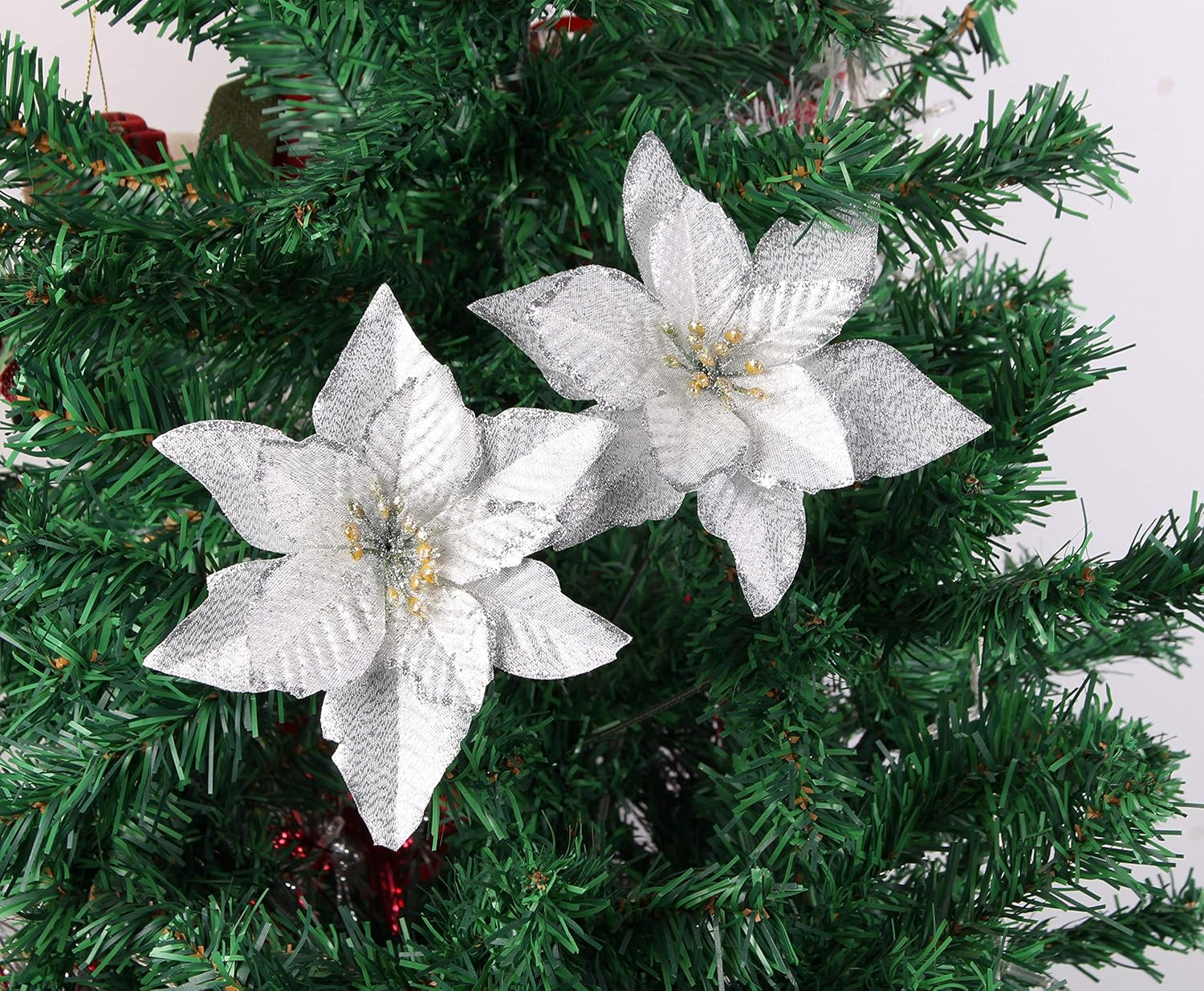 Poinsettia Christmas Decorations 13Pcs Poinsettia Christmas Tree Ornaments Glitter Artificial Poinsettia Flowers for Xmas Decorations (Silvery) image number 4