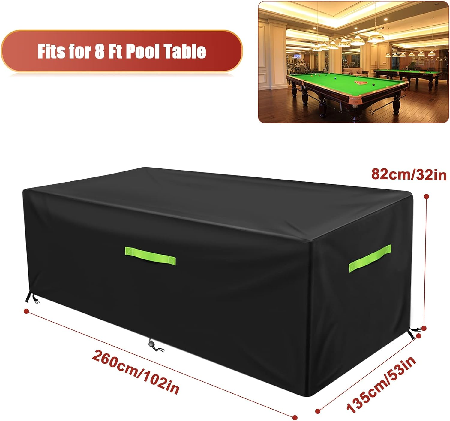 GEMITTO 7/8/9 Ft Pool Table Cover, Waterproof Billiard Cover Polyester Fabric for Snooker Billiard Table (102X53X32In) image number 3