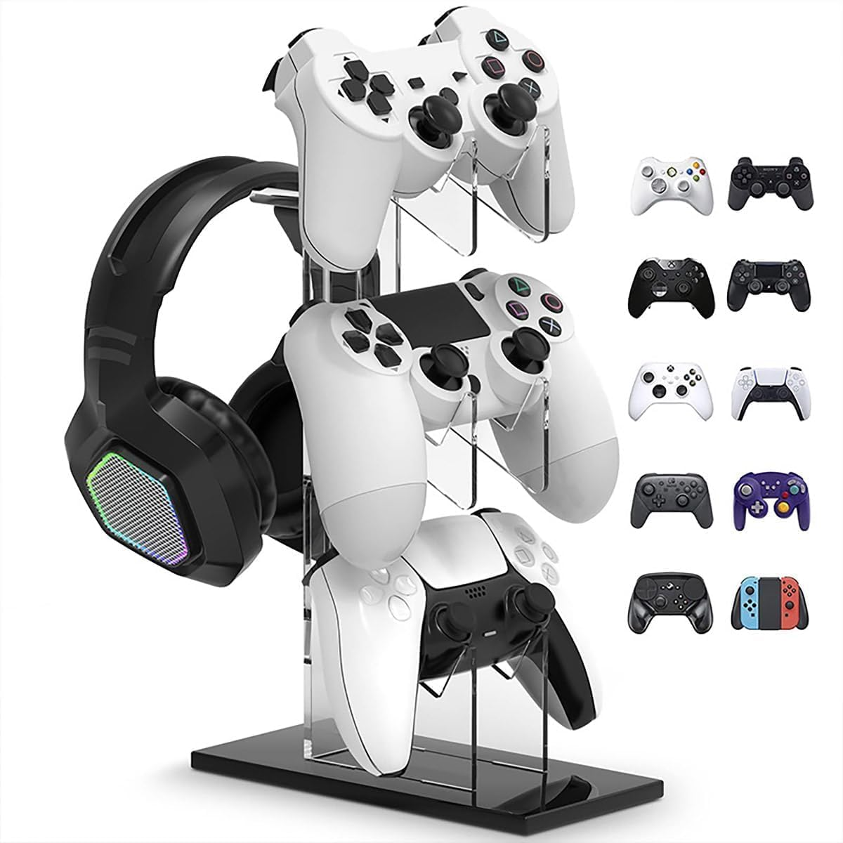 SAHENITEANA Controller Holder 4 Tiers, Gaming Headset & Controller Stand Compatible with PS5/PS5 Slim/Ps5 Pro PS4 Xbox Nintendo Switch Pro, Desk Organizer Accessories,White
