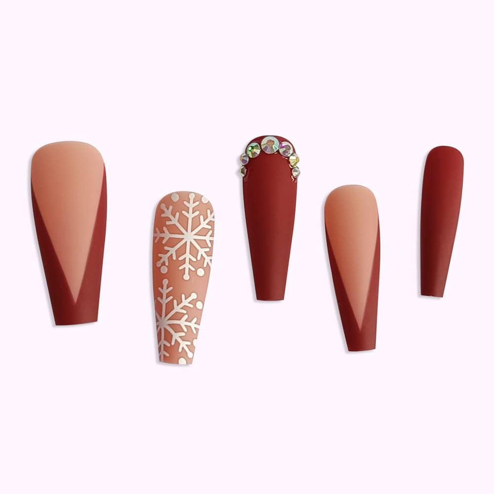 Snowflake Press on Nails Long Christmas Red Fake Nails Square Matte False Nails with Rhinestones for Christmas Nail Decorations Artificial Ballerina Press on Nails for Women Girls 24Pcs image number 4