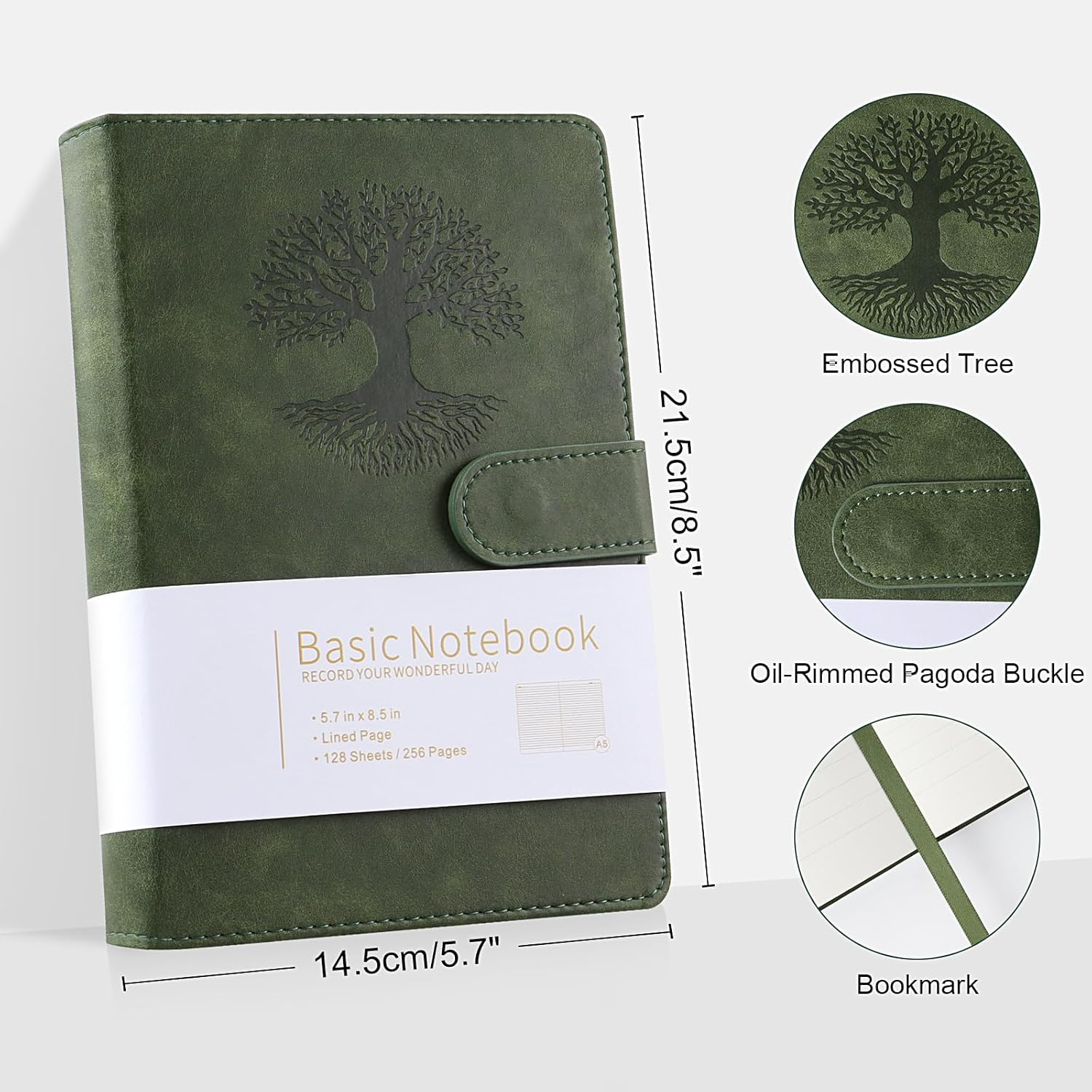 A5 Lined Journal Notebook with Tower Buckle, 256 Pages Leather Hardcover Notebook for Personal Writing, Study, Office, Travel Records(Dark Green) image number 6