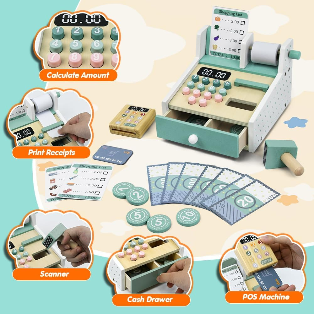 Wooden Cash Register Toy for Kids, Pretend Play Set with Scanner, Card Reader, Play Money & Shopping Lists, Ideal for Birthdays & Festivals, for Boys & Girls Ages 3+