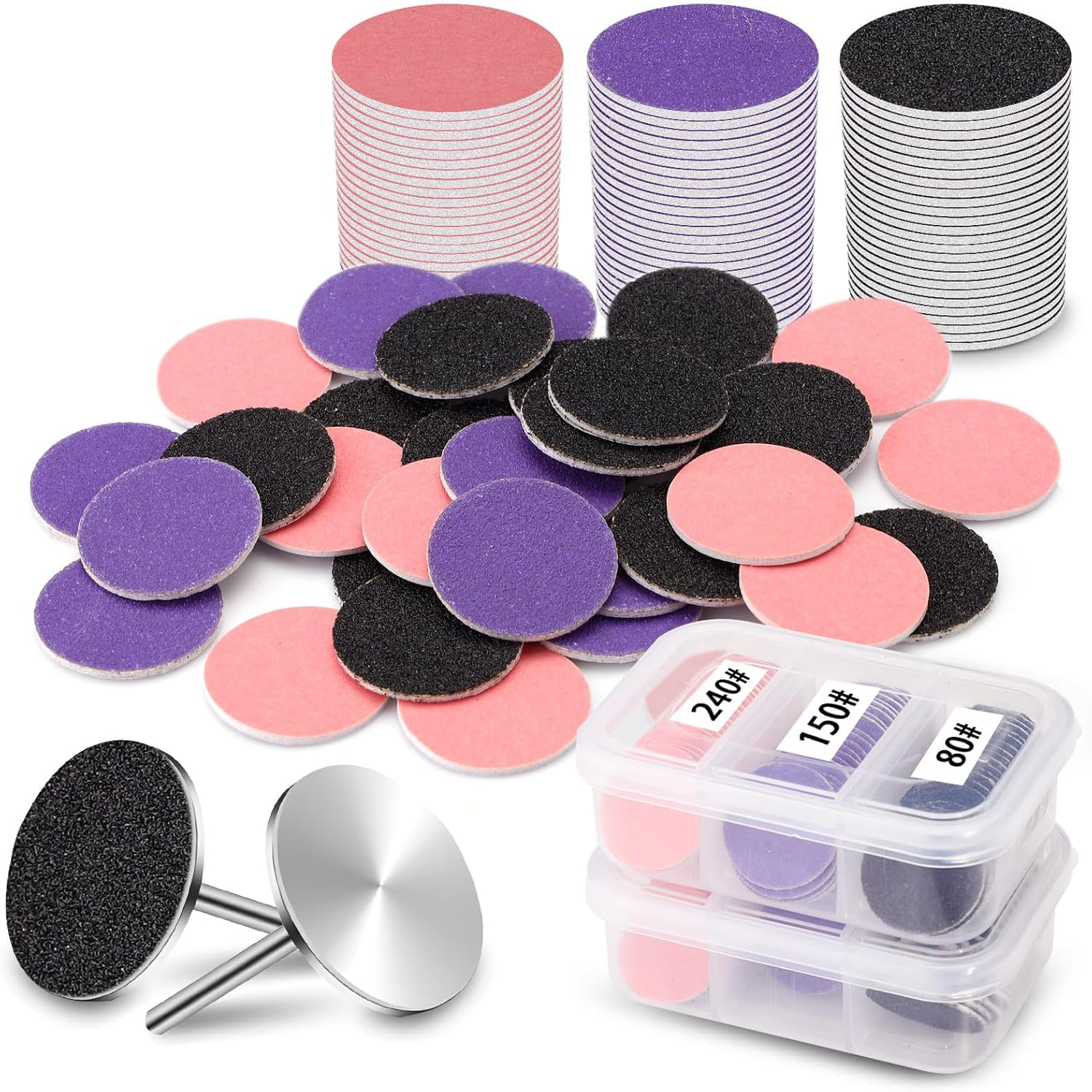 120 Pcs Sanding Paper Discs (#80#150#240 Grits) and 2 Pcs 25Mm Metal Shaft Sanding Disc Bit, Replacement Sandpaper Disk, Adjustable Speed Callus Remover Tool for Manicure Pedicure (80#150#240# Grits) image number 1