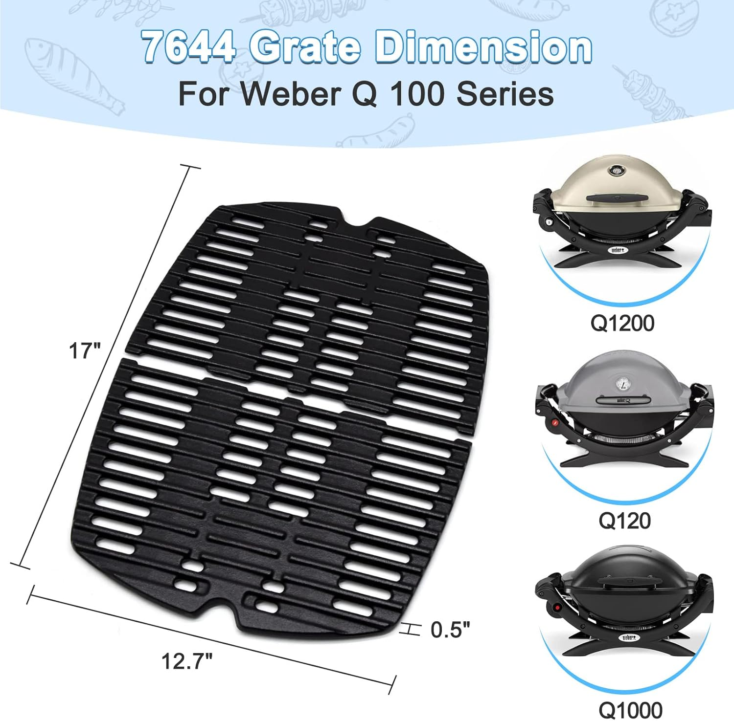 Adviace 7644 7582 Cast Iron Grill Cooking Grates Replacement for Weber Q100, Q120, Q140, Q1000, Q1200, Q1400 Grill Parts Accessories, 50060001, Weber Baby Q Gas Grill, 17 X 12.7 Inches. (2-Pack) image number 6
