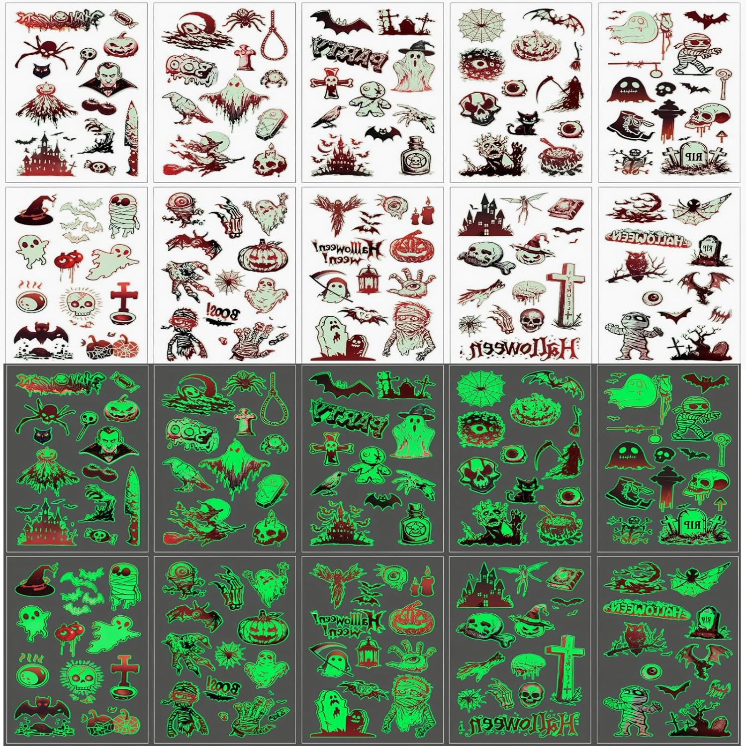 10 Sheets Halloween Temporary Tattoos for Kids,Halloween Tattoo Luminous Stickers Stocking Stuffers Halloween Party Favors Glow in Dark，Tattoos Face Make up Gift Filler Decoration for Boys Girls image number 4