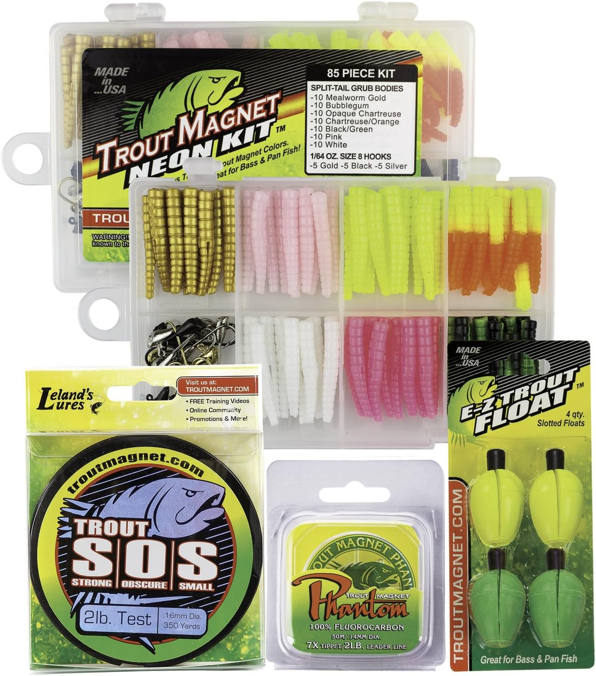 Trout Magnet Trout Fishing Gear Kit - Ultimate Neon Bundle - 85Pc Grub Lure Set with Neon Bait and Hooks, 350 Yard Trout S.O.S. Line Spool, Fluorocarbon Phantom Leader Line, 4 E-Ztrout Floats image number 4