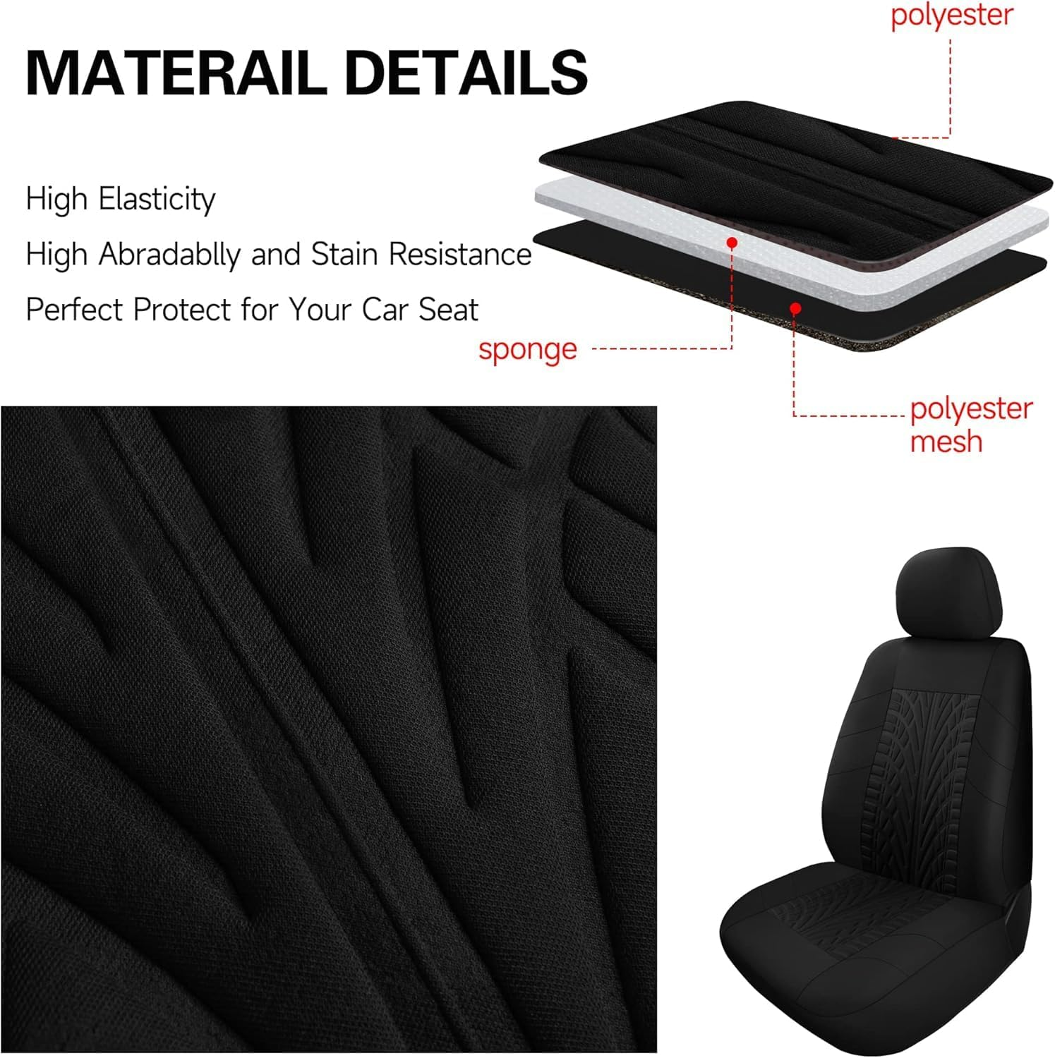 Car Seat Covers Front Pair,Universal Cloth Front Seat Covers for Car,Breathable and Washable Seat Covers for SUV, Sedan, Van, Automotive Interior Covers, Airbag Compatible, Black image number 4