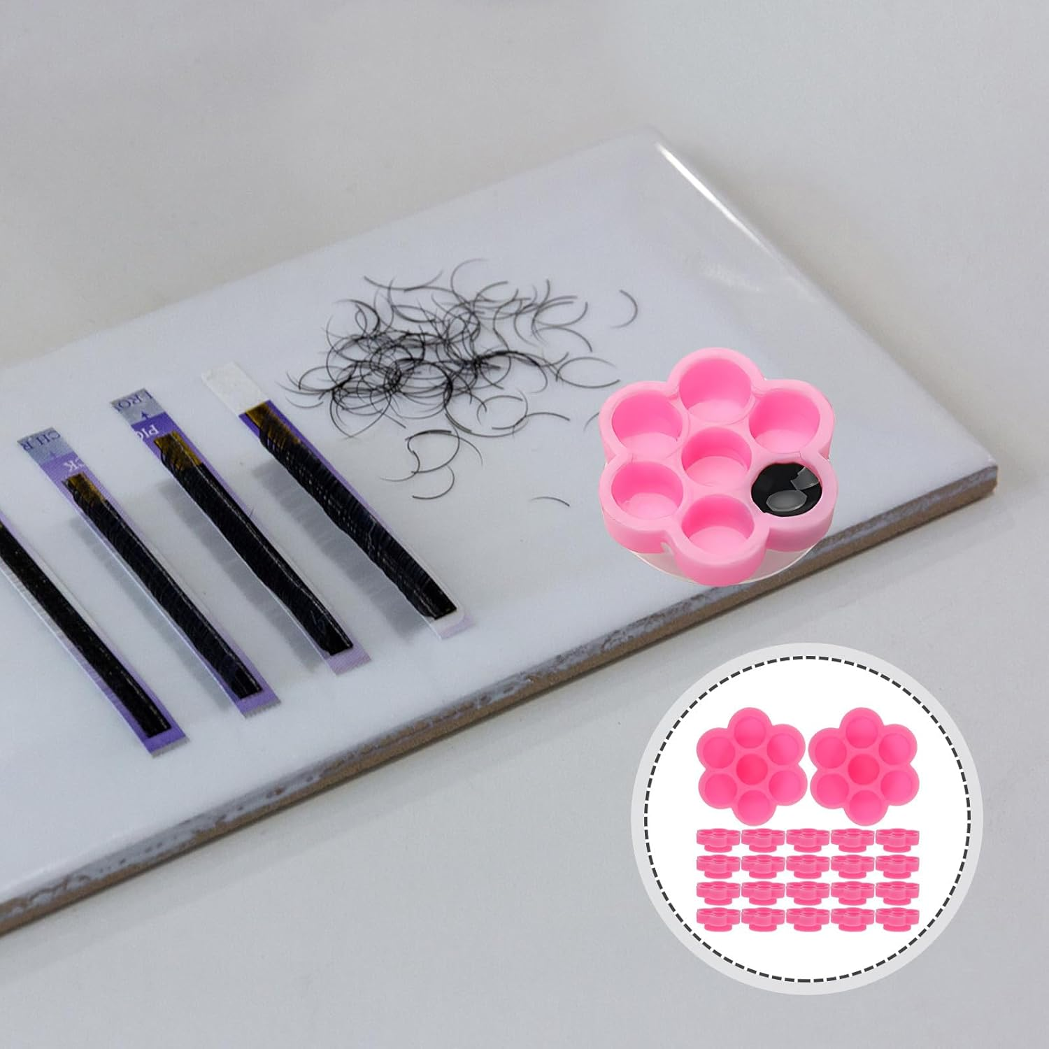 MALUGOGO 200Pcs Eyelash Extension Glue Cups Flower Shape Adhesive Liquid Container Holder Nail Polish Mixing Tool for Beginners False Lash Application image number 2