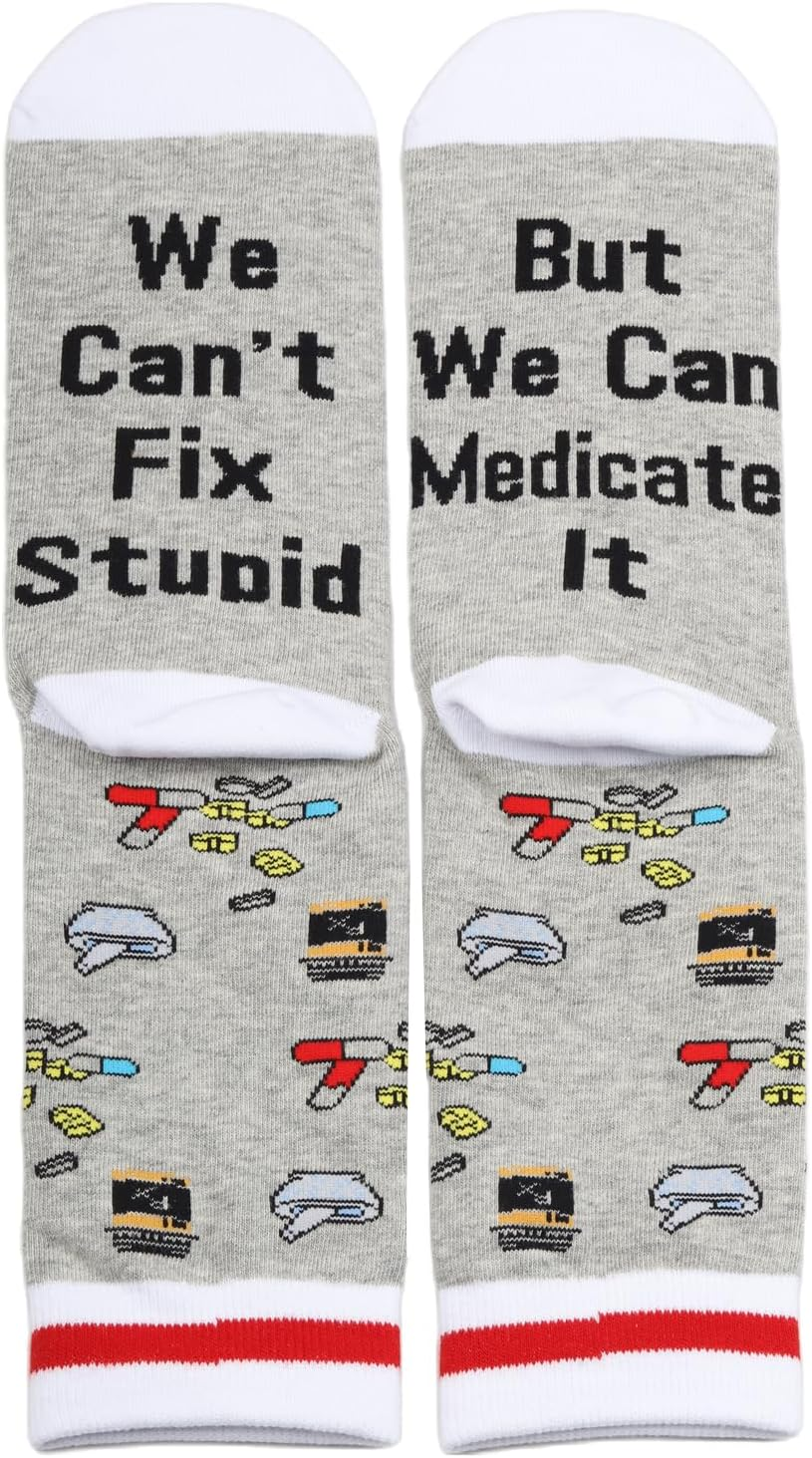 PXTIDY 2 Pairs Pharmacist Socks Pharmacist RX Gift Pharmacy Tech Gift We Can'T Fix Stupid but We Can Medicate It image number 1