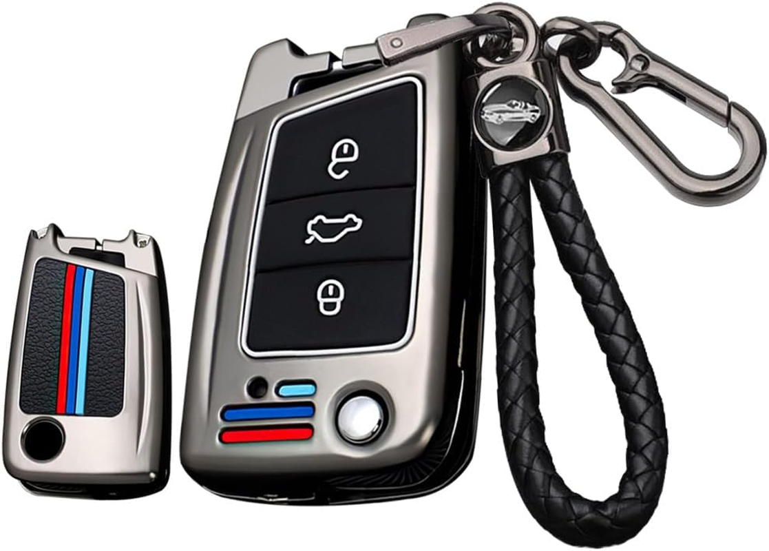 Ontto Metal Car Key Fob Cover Fit for VW Polo Golf 7 MK7 Tiguan Octavia Kodiaq Karoq Ateca Leon Flip Key Case Keyring Key Shell Holder Bag Keychain Protector Accessories Silver B