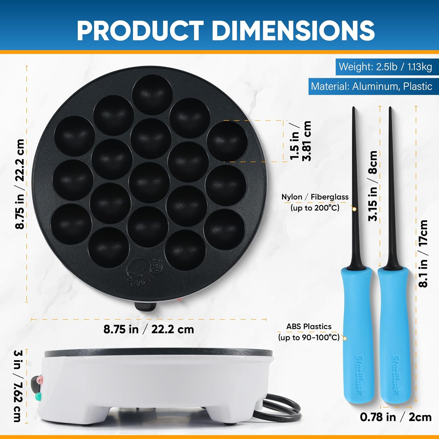 Starblue Takoyaki Maker Machine with FREE Takoyaki Picks - Temperature Control 18 Holes Electric Pan for Japanese Octopus Balls 220V 60Hz 700W UK Plug with AU Adapter image number 3