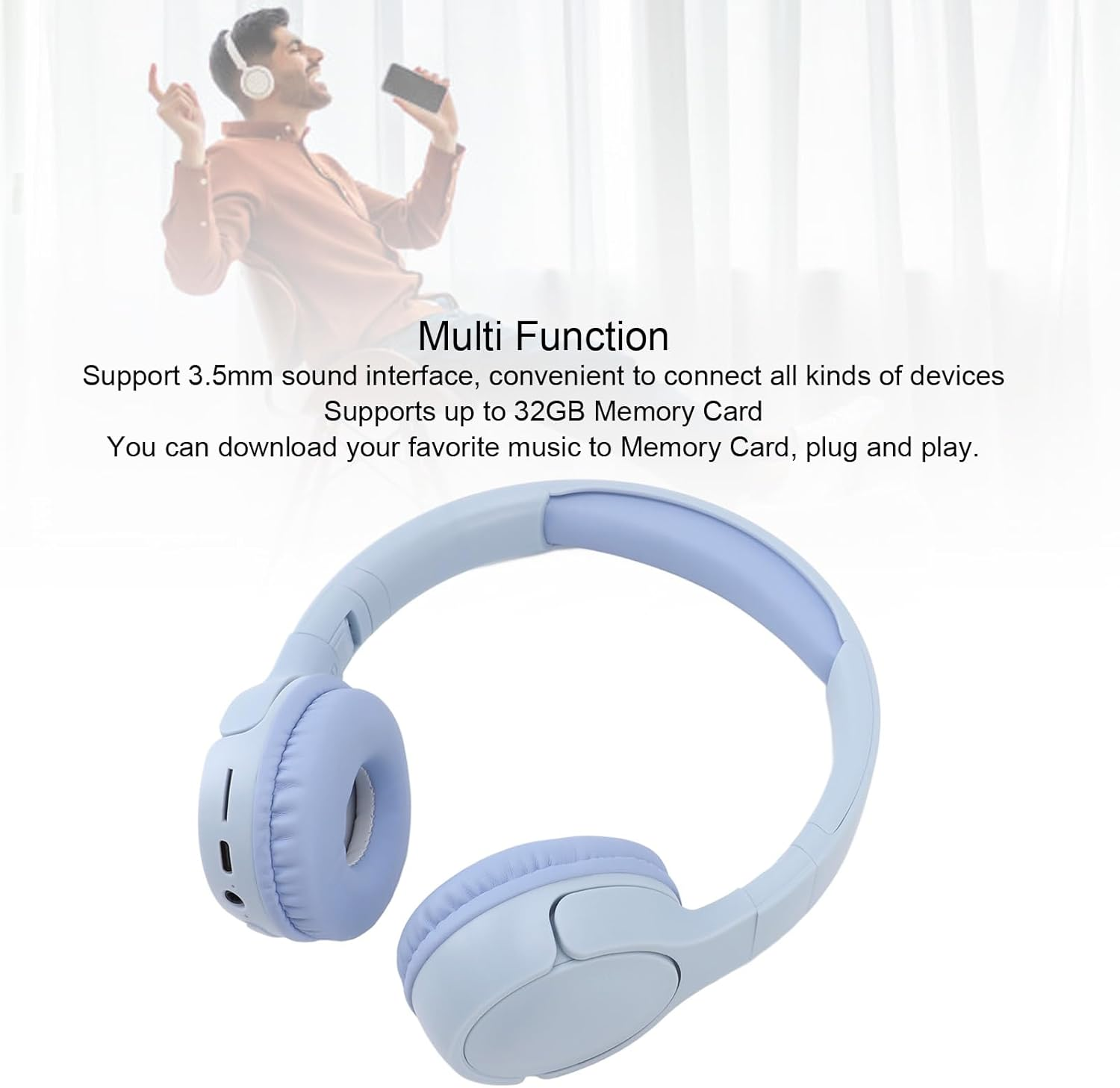 Elprico Wireless Bluetooth Headphones over Ear,Lightweight Folding Stereo Bass Bluetooth Headset with 3.5Mm Port,Bluetooth 5.3 Headphones for Travel Smartphone Computer Laptop (Blue) image number 4