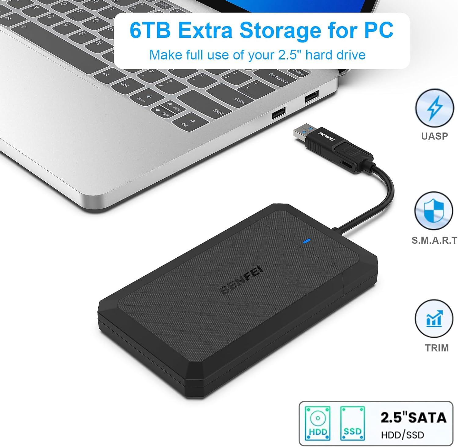 BENFEI 2.5 Inch SATA to USB Tool Free External Hard Drive Enclosure, USB Type-C/Type-A to Sata Compatible for 2.5 Inch Ssd(Optimized for SSD, Support UASP SATA III) image number 3