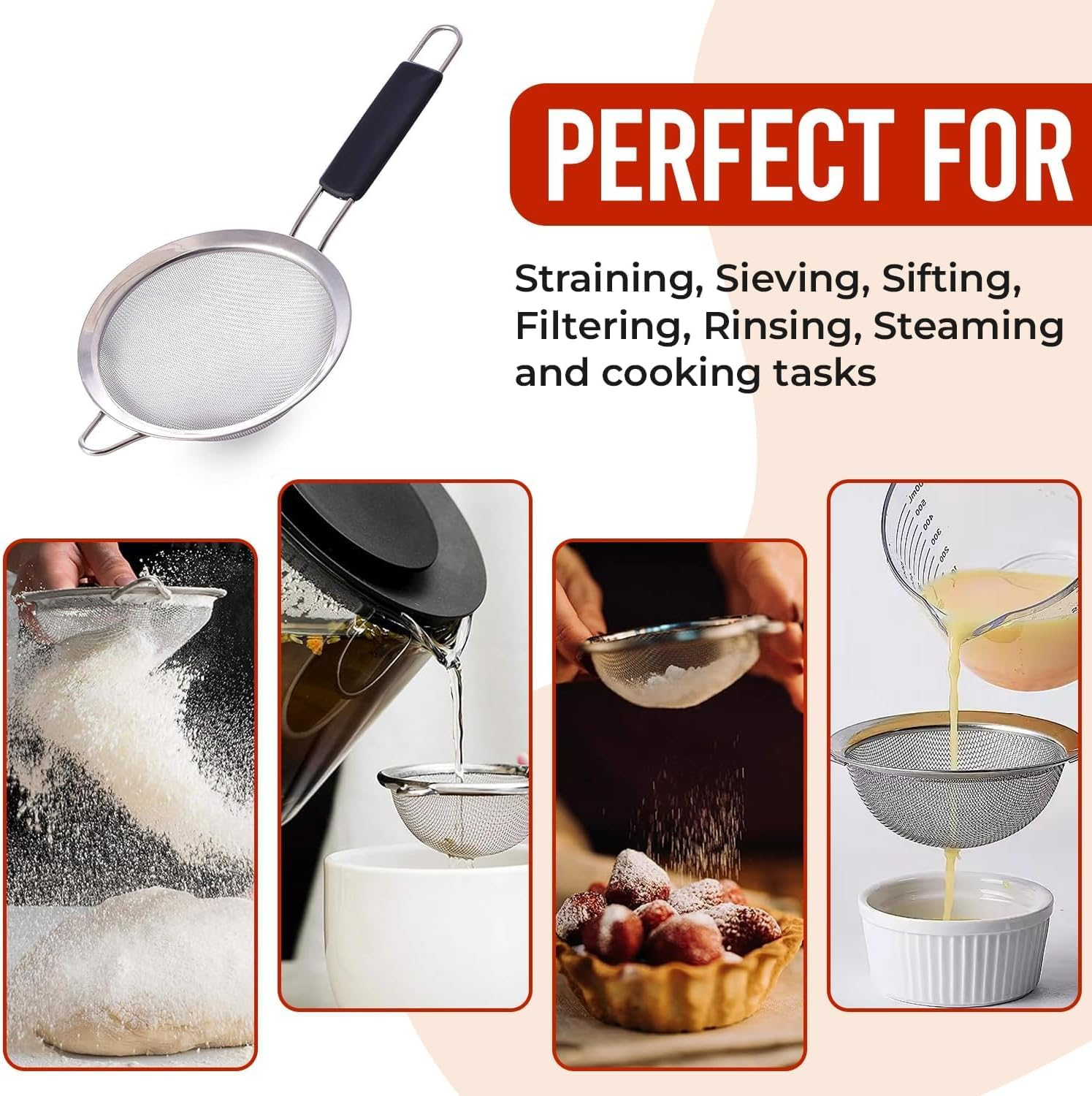 E Eleen Stainless Steel Strainer | Set of 3 Kitchen Strainers Available Sizes (S,M,L) | Perfect Strainers for Kitchen Use (Black Handle Pack of 3) - Silver/Black image number 2