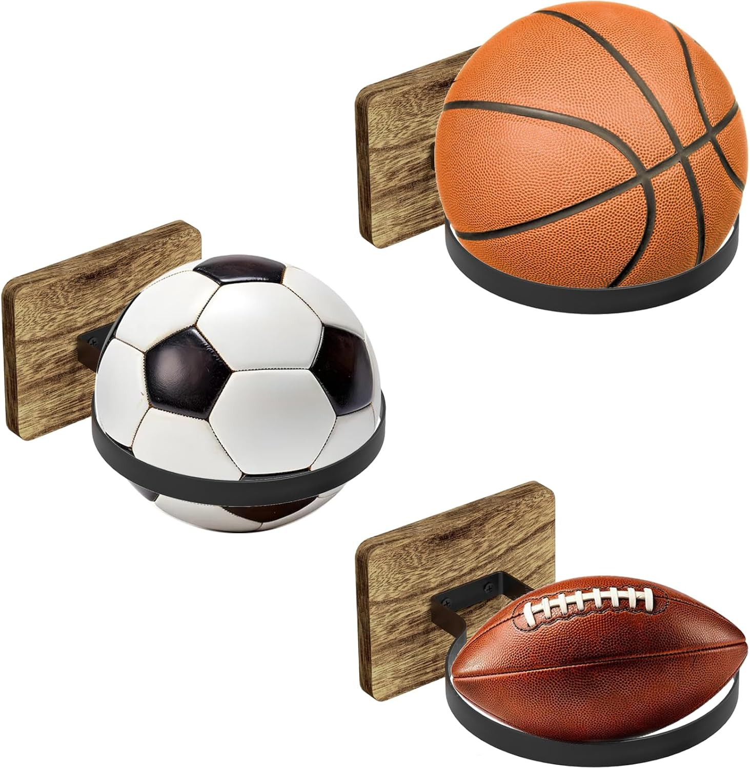 3Pcs Basketball Holder,Wall Mount Ball Storage,Basketball Rack with Wooden Base,Ball Holder for Basketball Stuff,Soccer,Volleyball Collection,Rugby, Soccer Accessories for Boys image number 2