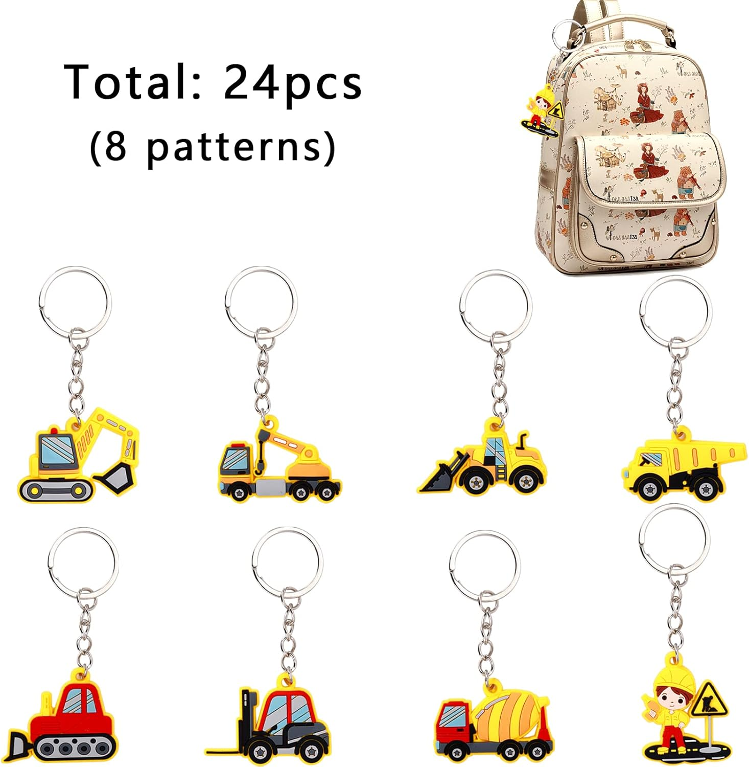 24 Pcs Construction Truck Keyring Keychain Pendant for Kid, Construction Birthday Party Favors Pendant Engineering Vehicle Theme Party Bag Filler, Construction Vehicles Party Favors Supply
