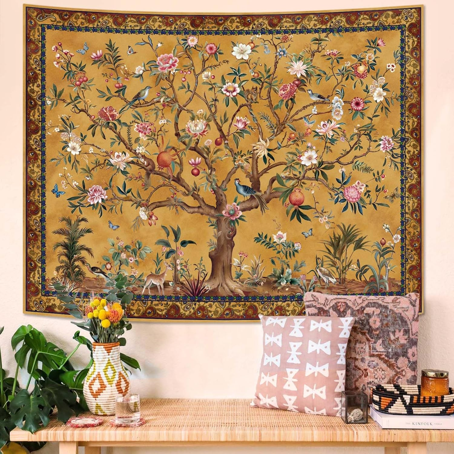 Boho Tree of Life Tapestry, Vintage Flower Leaves Birds Plant Animal Pattern Tapestries, Retro Indian Bohemian Aesthetic Wall Hanging Orange Yellow 36&times;48 Inch image number 5