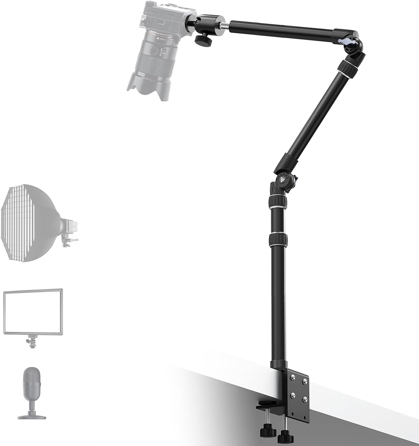 【All Metal】Raubay Desktop Magic Arm, Overhead Camera Desk Mount, Table Light Stand with 1/4&ldquo; Ball Head, 3/8" & 5/8" Adapter, C Clamp, Retractable Boom Arm for DSLR, Webcam, Microphone, Projector DMA01 image number 3