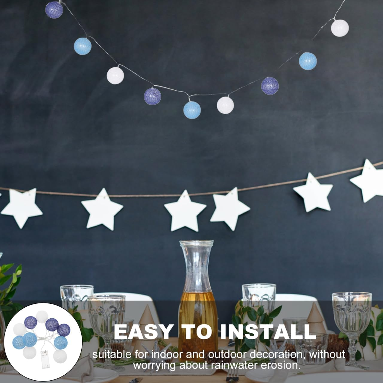 Anneome Battery-Operated Cotton Ball Fairy Lights with Blue Cotton Balls, Decorative LED Lamp Chain for Indoor, Wireless, Stable and Safe Room Lighting for Party Decoration image number 4