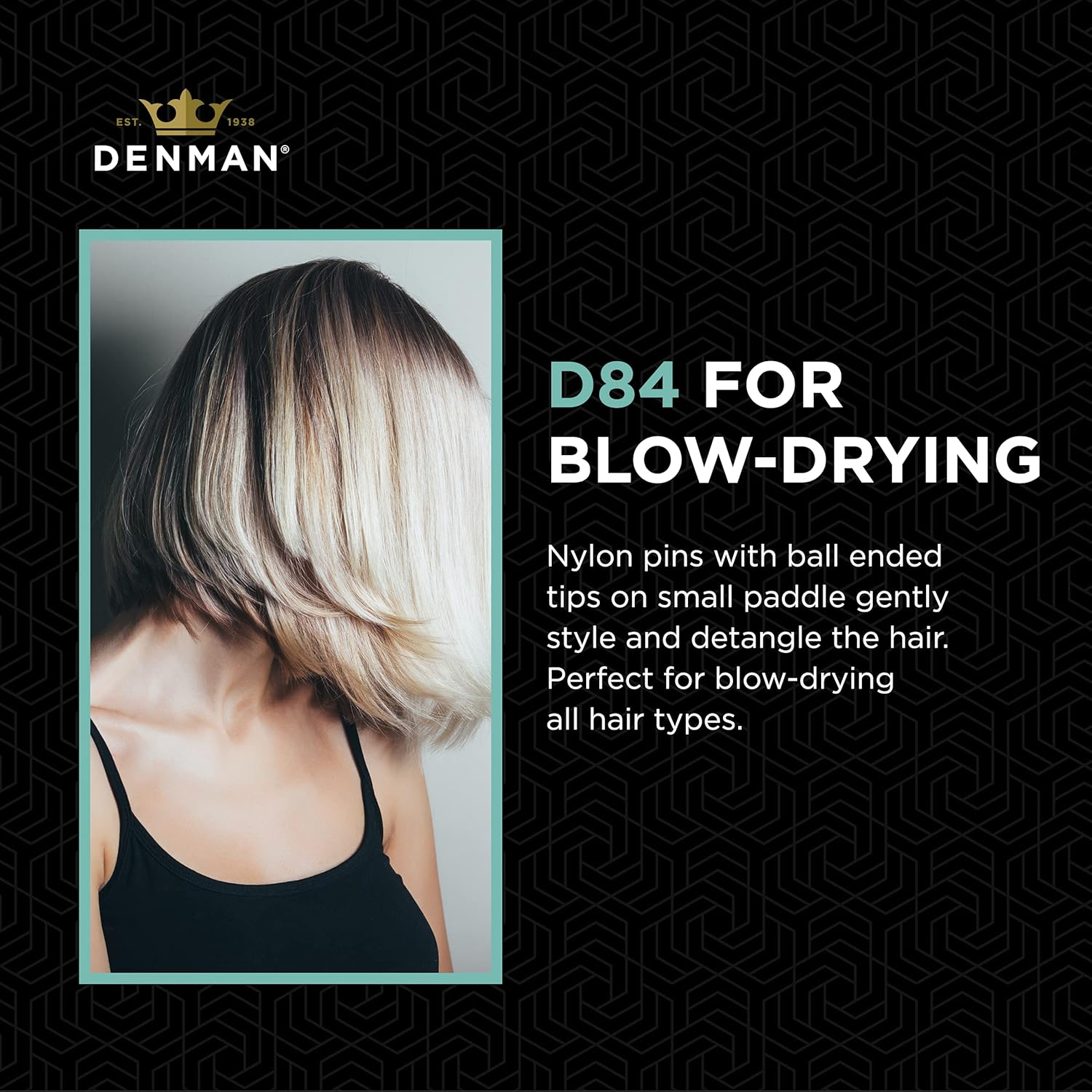 Denman (Black) Mini Paddle Cushion Hair Brush for Blow Drying, Detangling & on the Go Travel - Comfortable Styling, Straightening & Smoothing - for Women and Men, D84