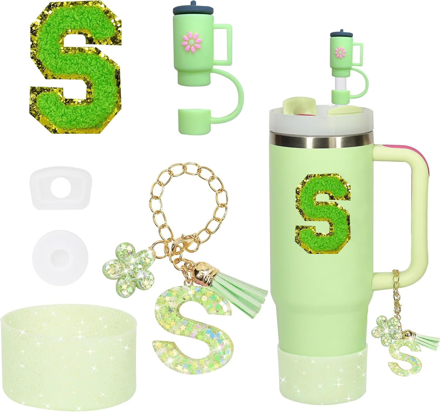 6PCS Cup Accessories Set for Stanley Cup 30Oz 40Oz Tumbler with Handle, Including Silicone Straw Topper Cover Cap and Boot, Spill Proof Stopper, Handle Charm, Initials Sticker(Green S) image number 3