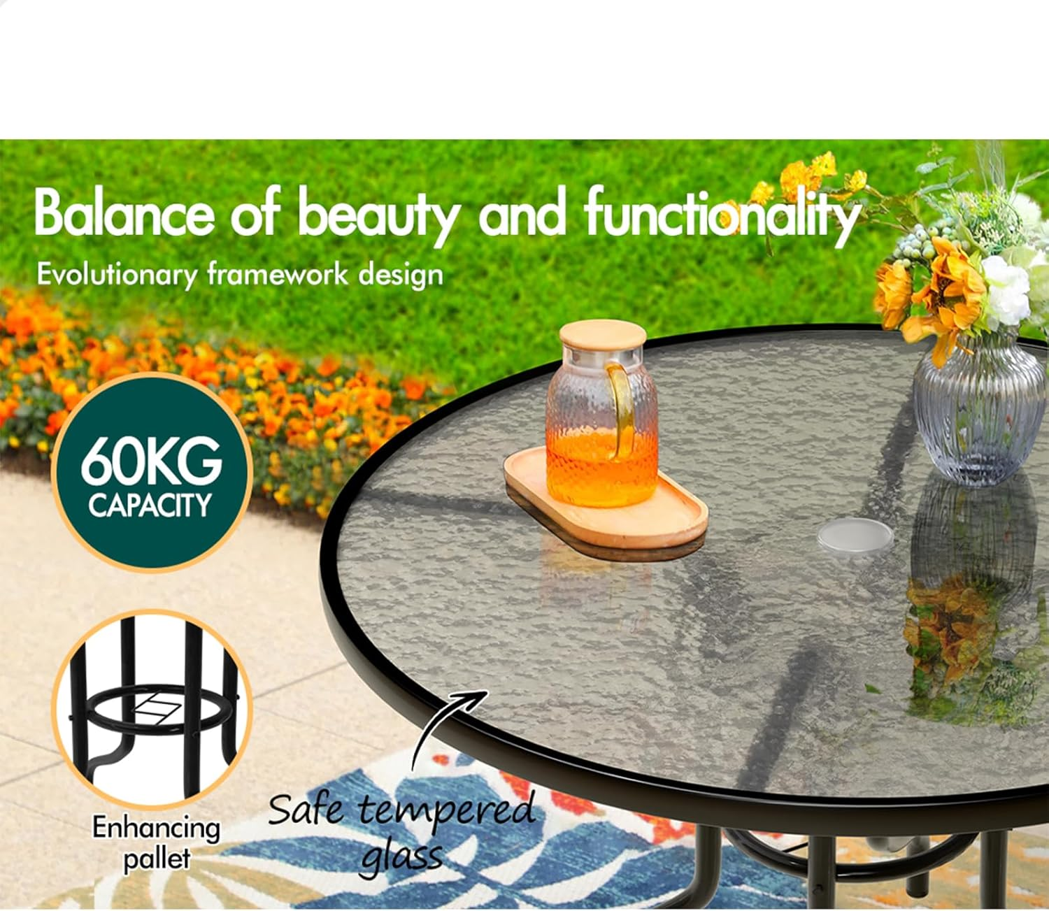 ALFORDSON Outdoor Patio Bistro Table Uv-Resistant R90X70Cm, round Coffee Table with Metal Frame for Lounge Conversation Set Furniture, Dining Desk for Outdoor Chairs, Black - Black image number 5